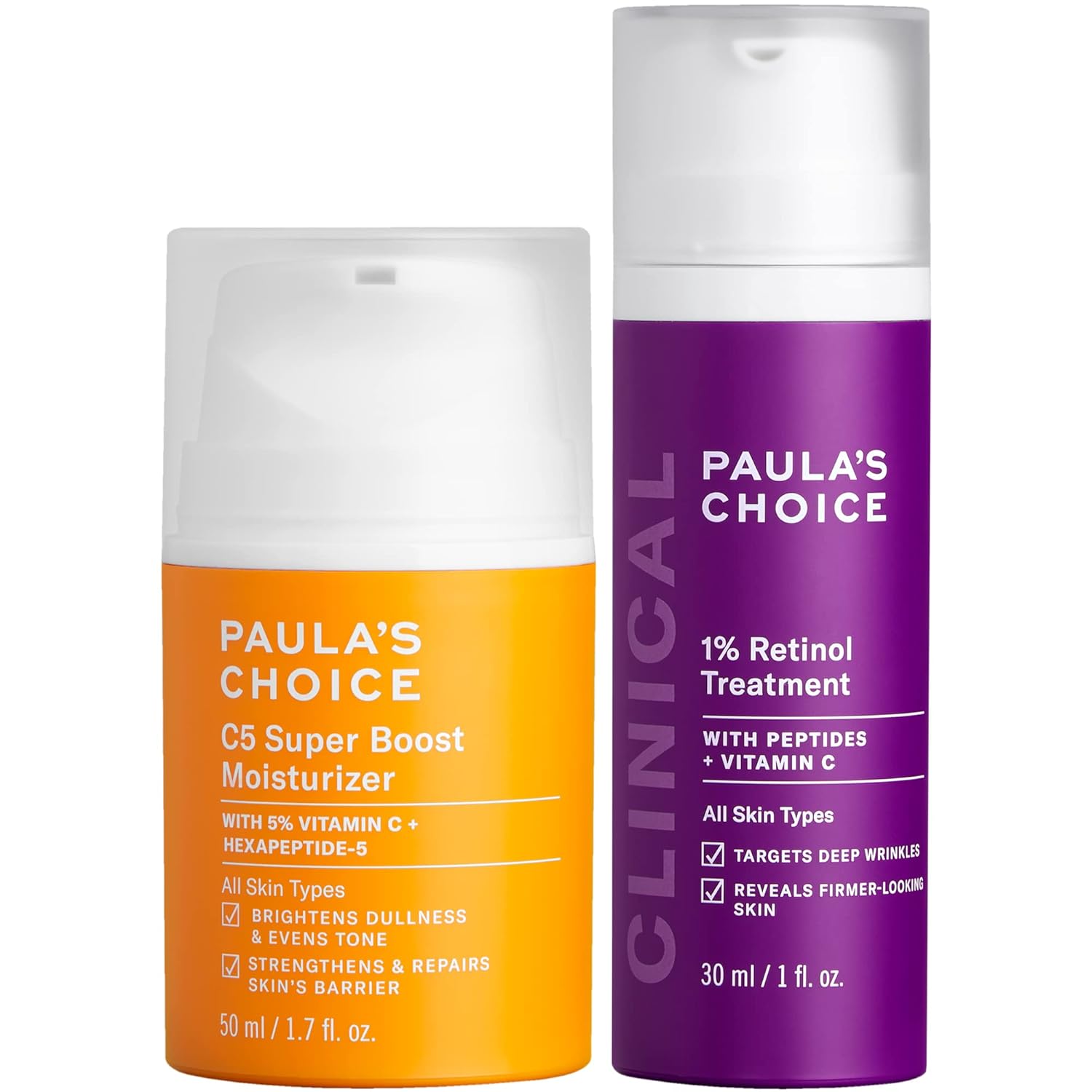 Paula's Choice CLINICAL 1% Retinol Treatment + C5 Super Boost 5% Vitamin C Moisturizer, for Discoloration, Deep Wrinkles & Dark Spots, Fragrance-Free, Set of 2