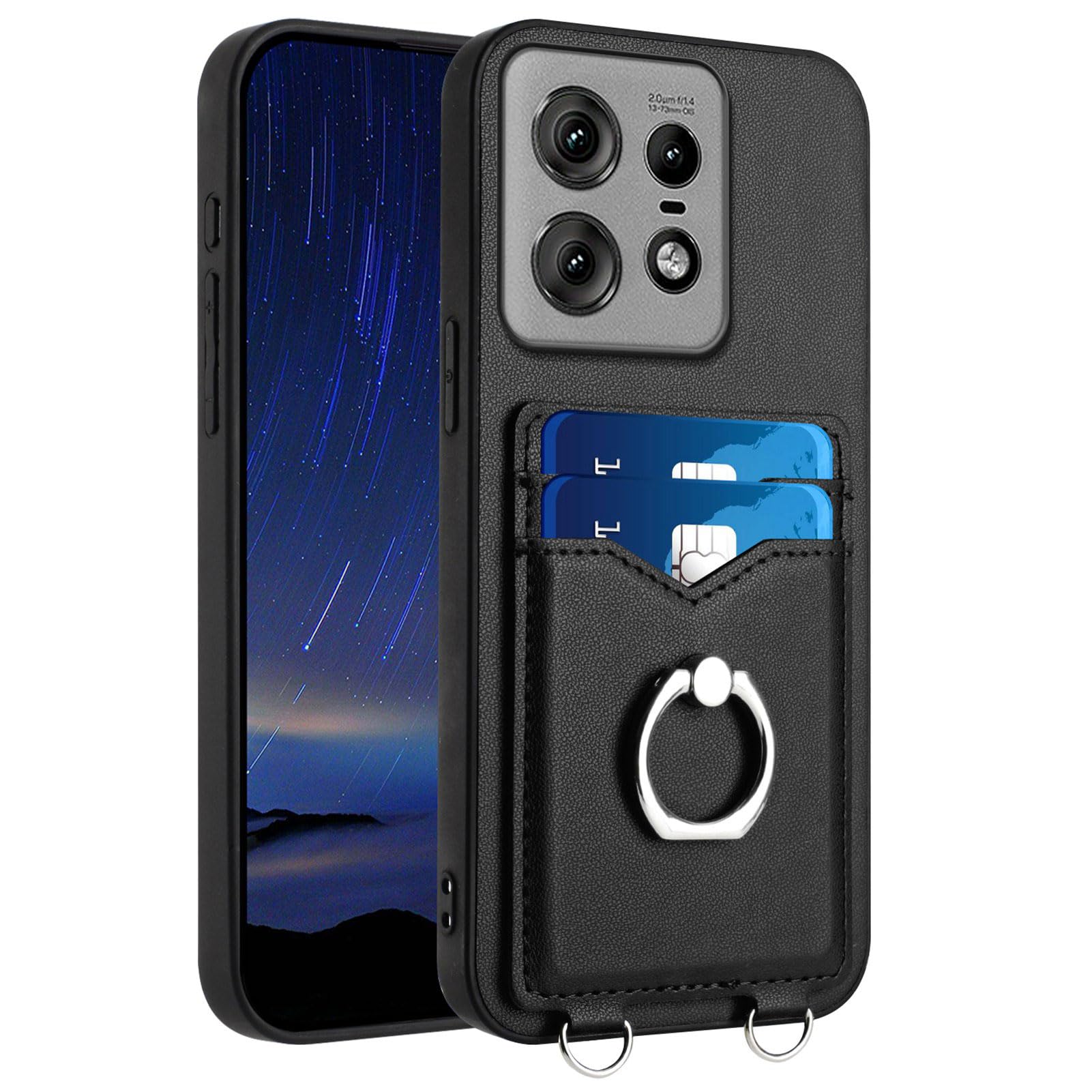 BIOPLJ Case for Motorola Moto Edge 50 Pro Hard Wearing Leather with Card Slots, Camera Protection, 360 Ring Stand, Leather Wallet Anti-Shock Cover Motorola Edge 50 Pro Case (Black)