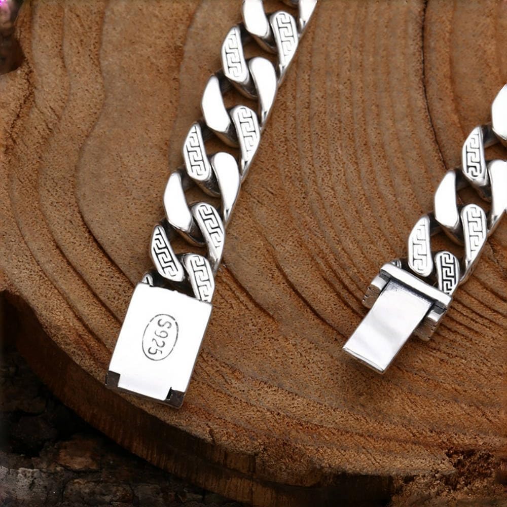 ForFox Pulsera de cadena cubana de plata de ley 925 pulsera de cadena barbada con diseño de llave griega para hombre 9mm 18/20cm