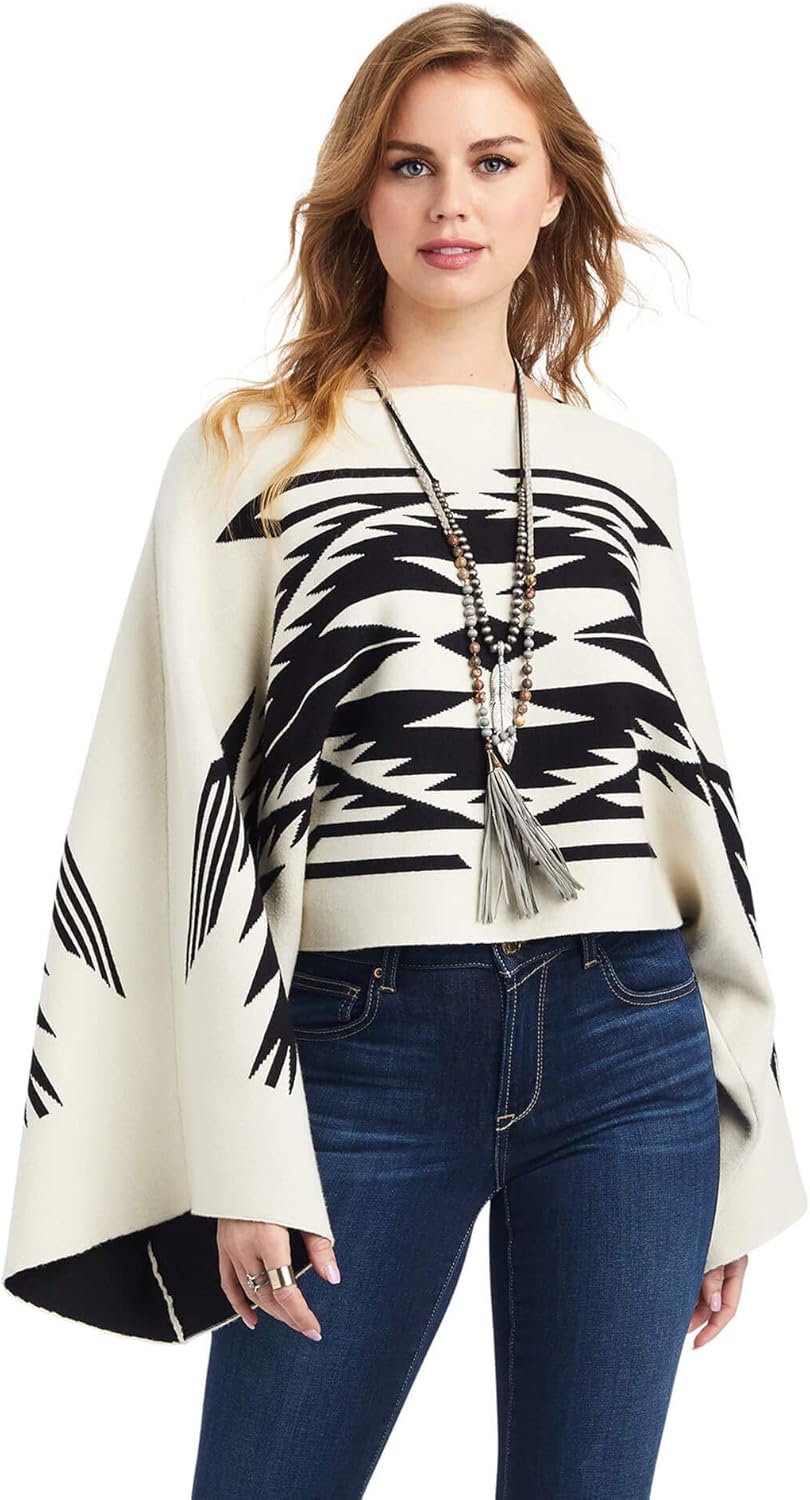 ARIAT Women's Chimayo Intarsia Southwestern Knit Poncho Sweater Cream Large