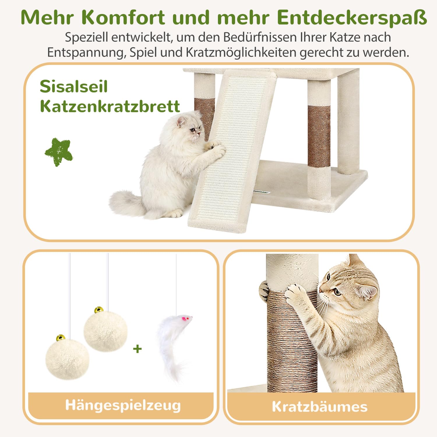 Globlazer S69B Kratzbaum Beige XL Stabil 180 cm für Große Main Coon Katzen | Katzenbaum grosse katzen stabil mit 2 Groß Katzenhaus, Kratzrampe Sisal, Groß Plattform, 2 Korb, für Ausruhen Spielen Kratze