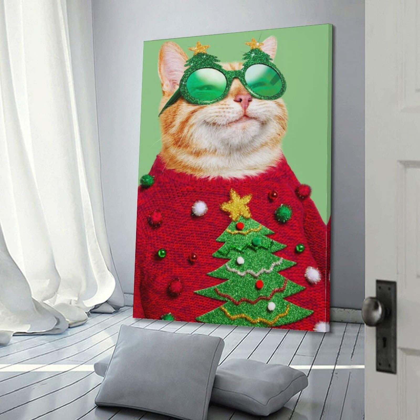 CWLLOG Stampe artistiche da parete su tela, poster natalizio con simpatico gatto che mostra divertenti festival, decorazione moderna per soggiorno e camera da letto, 50 x 75 cm