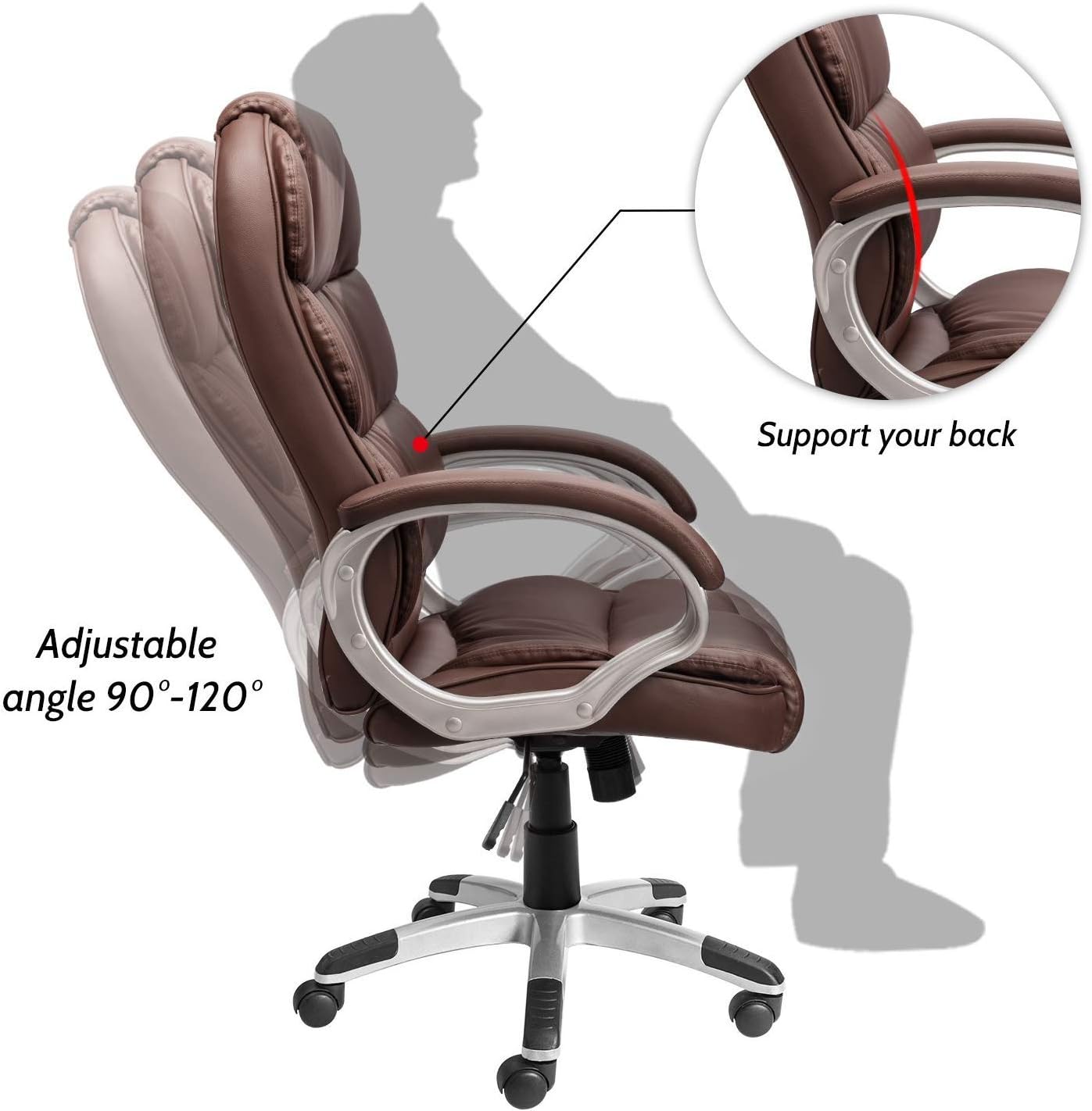 Furmax Office Chair High Back PU Leather Computer Desk Chair Adjustable Ergonomic Executive Office Chair Swivel Lumbar Support Soft Cushioned Padded Arms (Brown)