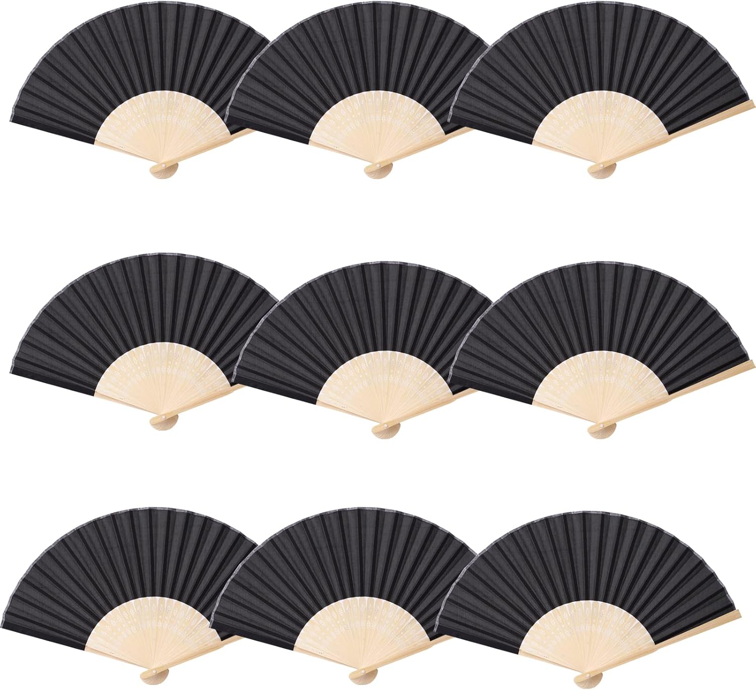 50pcs Imitated Silk Hand Fan Silk Fabric Bamboo Handheld Folded Fan Bridal Dancing Props Church Wedding Party Favors with Organza Bags (Black)