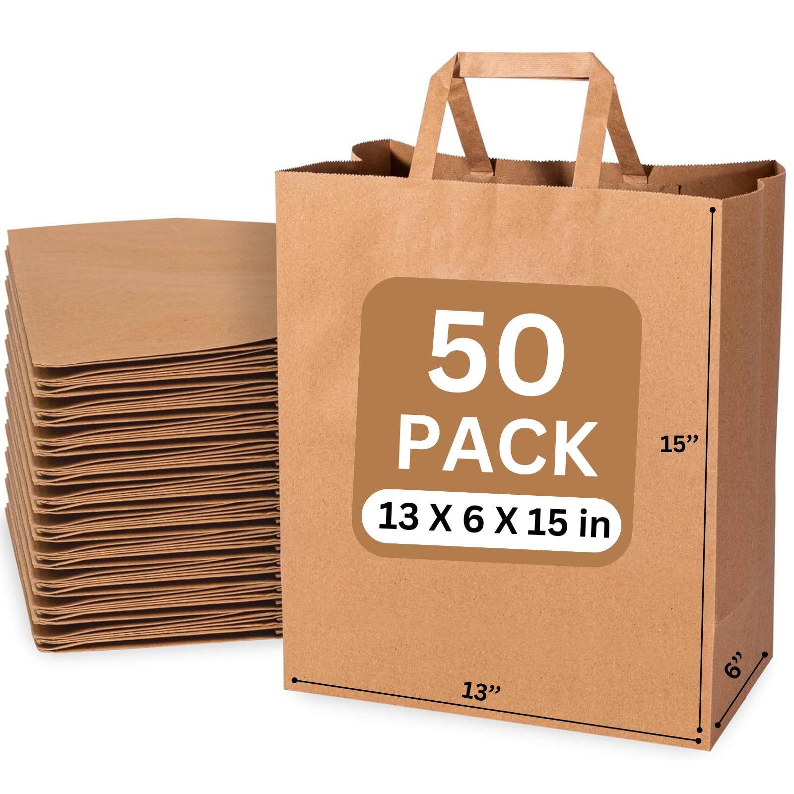JET PAPER BAGS - 13x6x15 Inch [50 Pcs] Large Brown Paper Bags with Flat Handles Ideal for DIY, Takeout, Grocery, Goody, Retail, Party, Gifts, Weddings