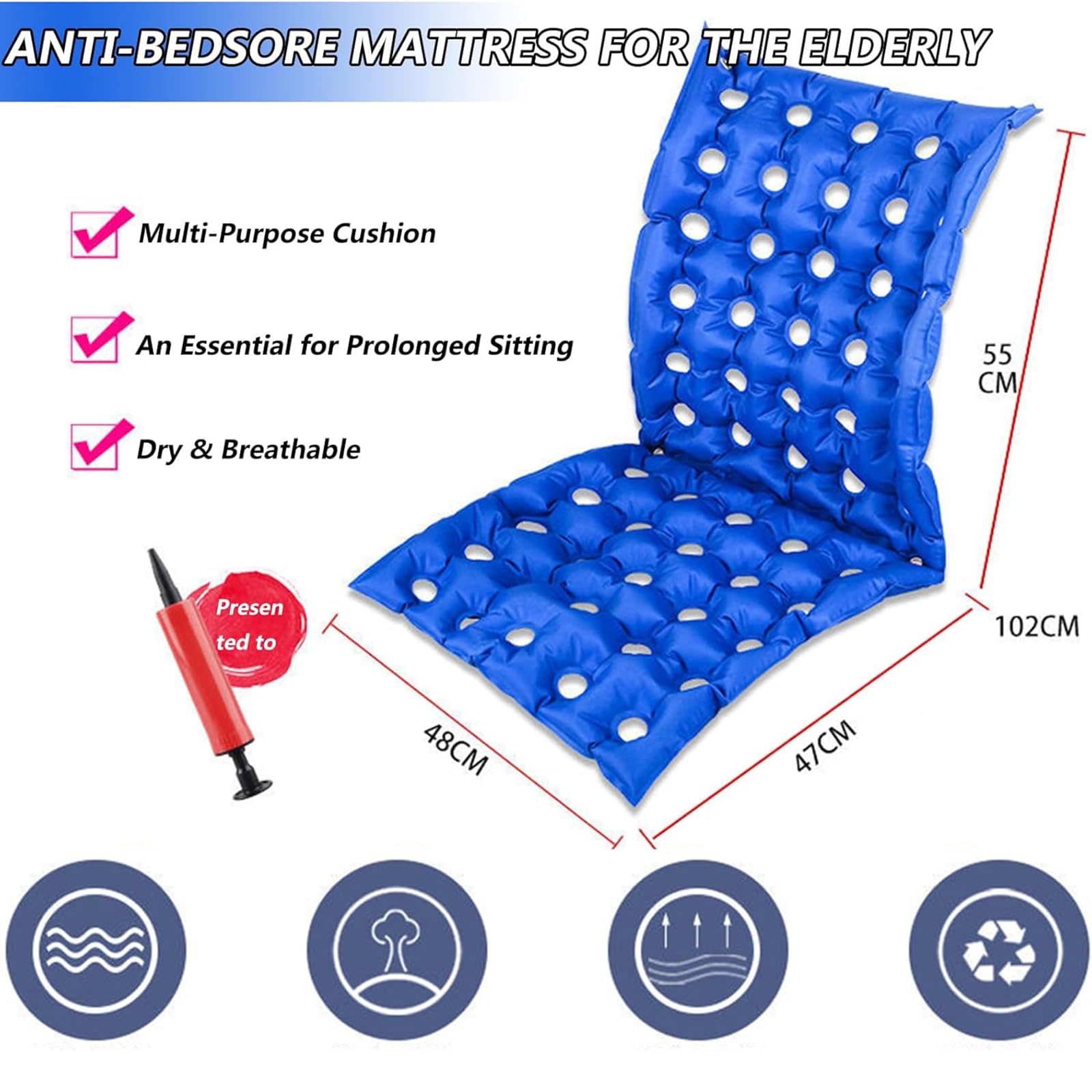 Genérico Cojín Inflable para Asiento, Cojín Antiescaras para Silla de Ruedas, Respaldo Transpirable, Colchón de Presión Impermeable para Ancianos Discapacitados