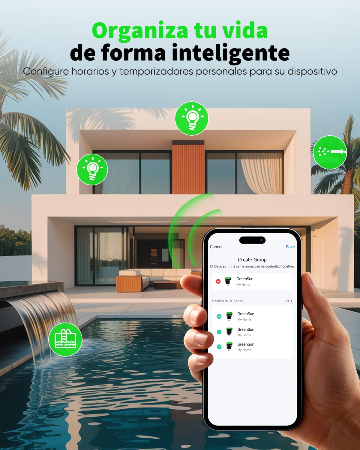GreenSun Enchufe WiFi Exterior IP44 16A con Medidor y VeSync, 2 Uds | Control por app o voz, mide el consumo y programa horarios o temporizadores. Compatible con Alexa, VeSync y WiFi 2,4 GHz