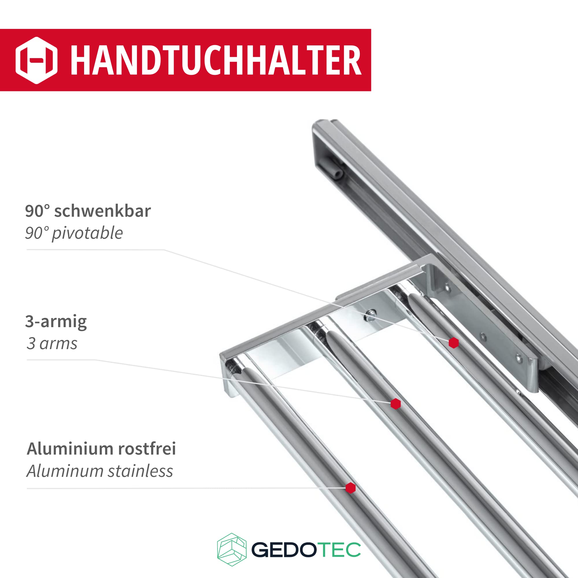 Gedotec Handtuchhalter 3 Stangen | Handtuchstange 3-armig | HOSTEL | Geschirrtuchhalter Chrom poliert glänzend | Handtuchauszug aus Aluminium - Einbaulänge 443 mm | Handtuchreling dreiarmig ausziehbar