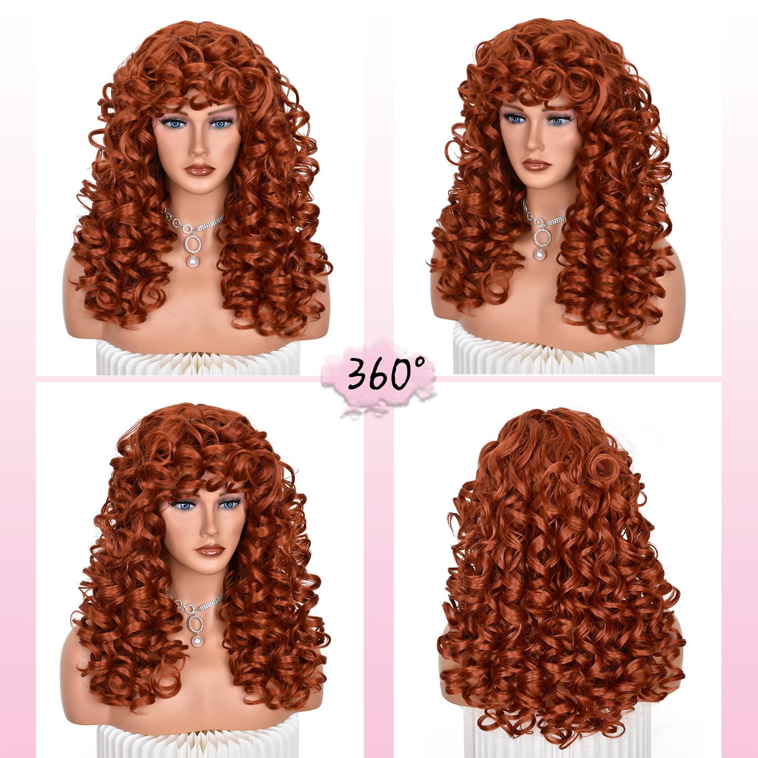 Curly Wig with Bangs for Black Women Long Curly Afro Wig Big Loose Cute Kinky Curly Hair Synthetic Wig for Daily Use Party Hallowmas Cosplay (Ginger)