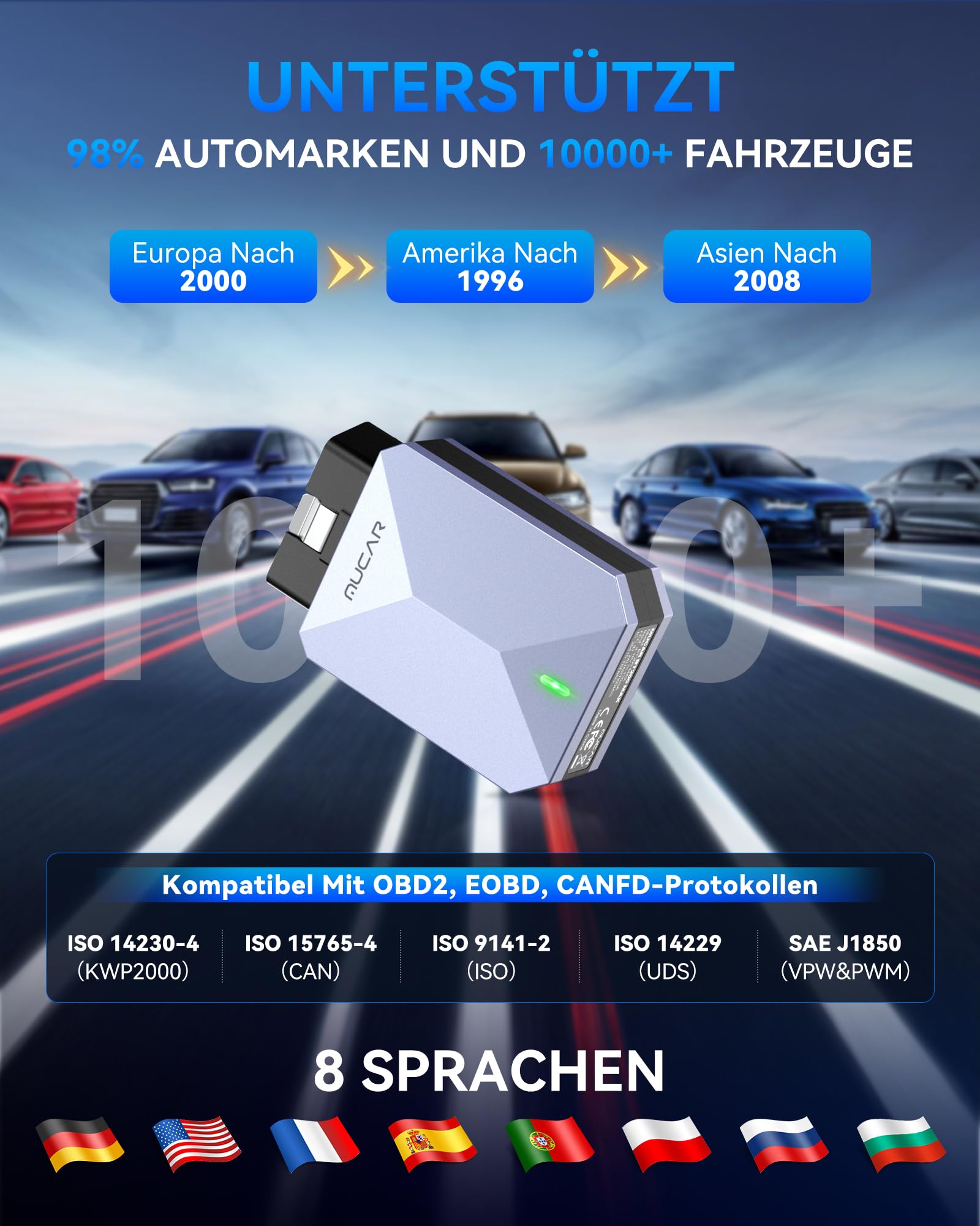 MUCAR BT200 MAX AI-Hilfsfunktion OBD2 Bluetooth Adapter, OBD2 Diagnosegerät Unterstützung ELM327, Auto Auslesegerät Mit Volle System+15 Reset, Für iOS&Android/Aktives Testen/CANFD-Kostenlose Updates