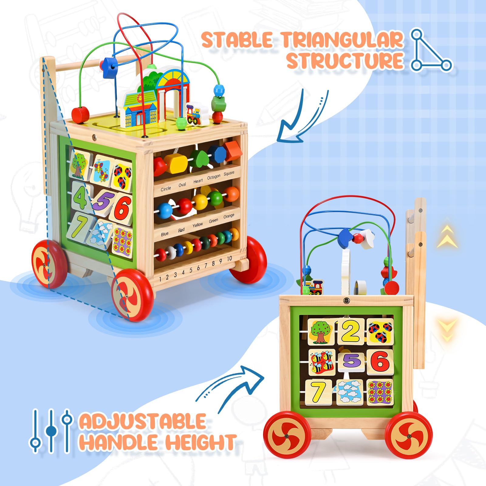 Andador de madera para bebés, andador multifuncional con 5 actividades, mango ajustable, estructura triangular estable, juguete educativo para niños pequeños a partir de 1 año
