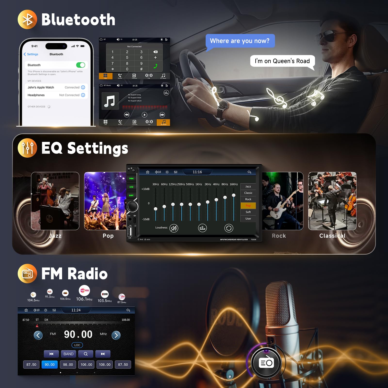 Hodozzy Autoradio 2 Din con CarPlay Wireless Android Auto, Stereo con Touchscreen 7 Pollici 2 Din Schermo con Bluetooth Vivavoce, Mirror Link, Universale Lettore MP5 Radio FM EQ USB/AUX, Retromarcia