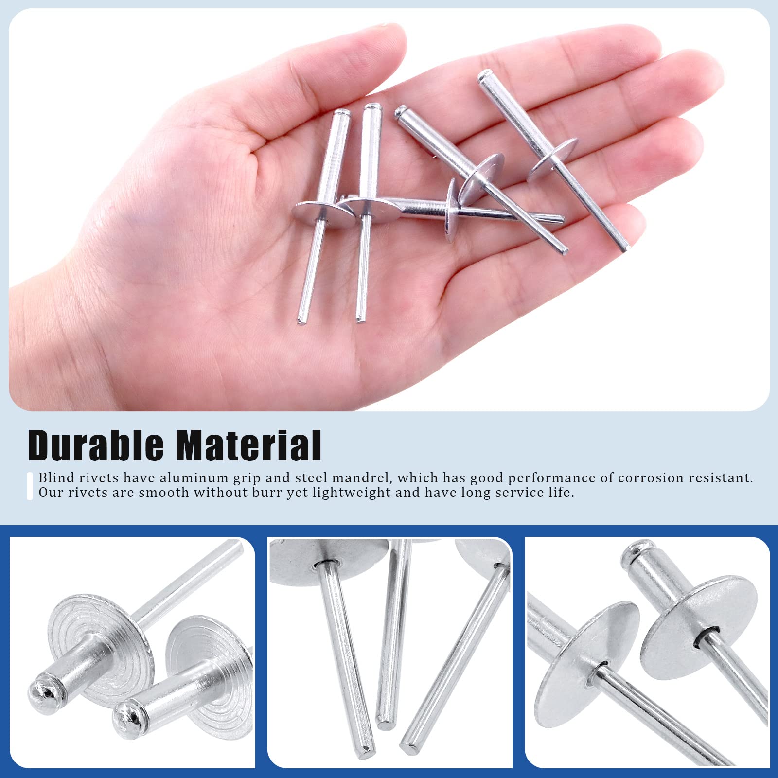 Glarks 60Pcs 3/16" x 1" Large Flange Aluminum Blind Rivets Pop Rivets Set for Joining Metal Plate Pipe Automotive - Image 4