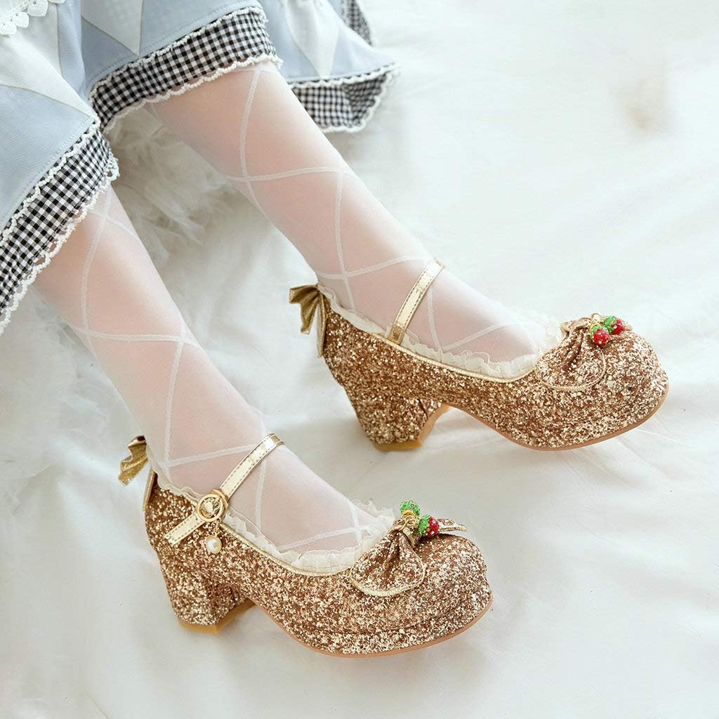 KOKOMOMO Womens Glitter Chunky Mary Janes Platform Shoes Sequin Pumps with Bow Kawaii Shoes