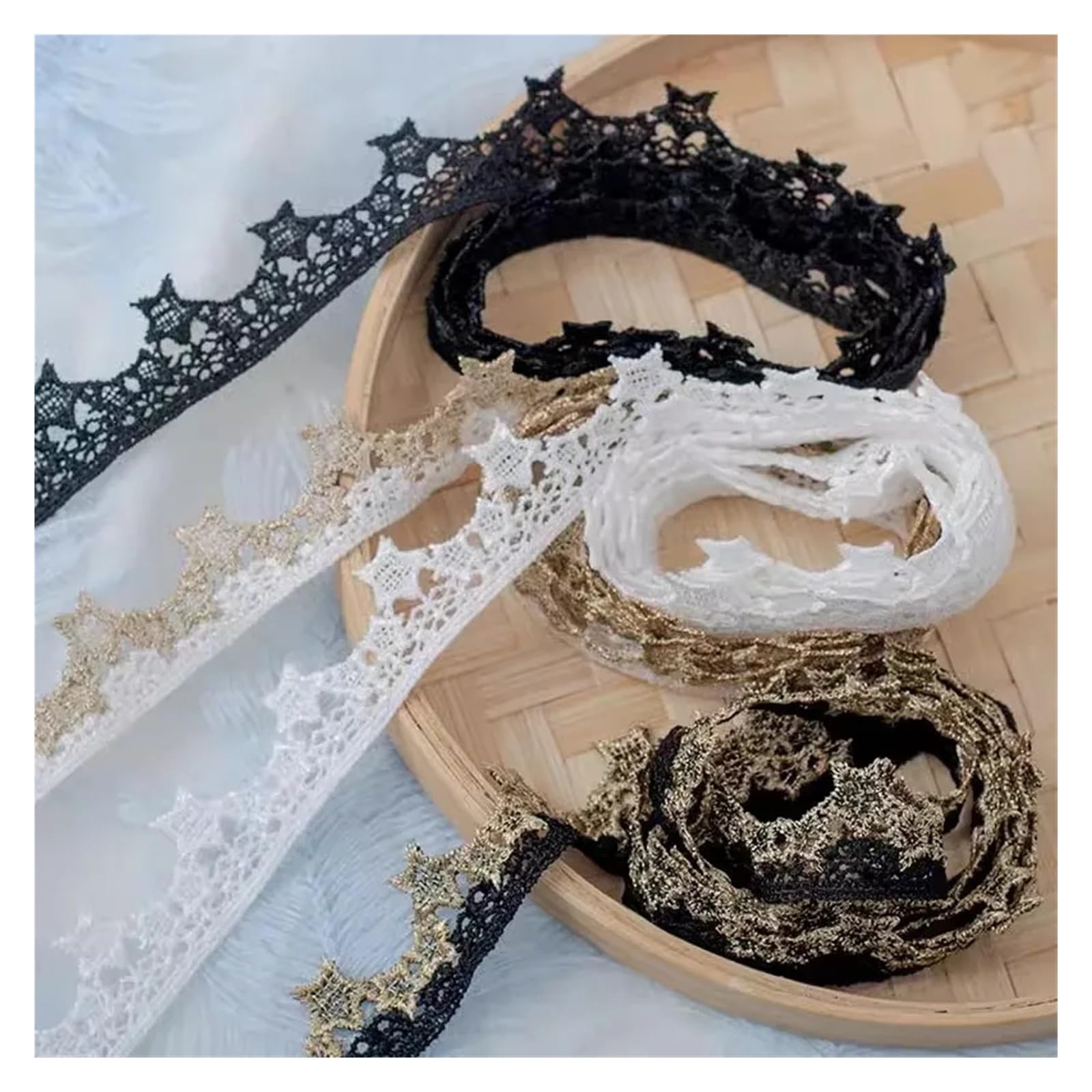 Puntilla De Encaje Con Strass En Forma De Flor Adorno de encaje bordado con cuentas estrella dorada y plateada 5 yardas