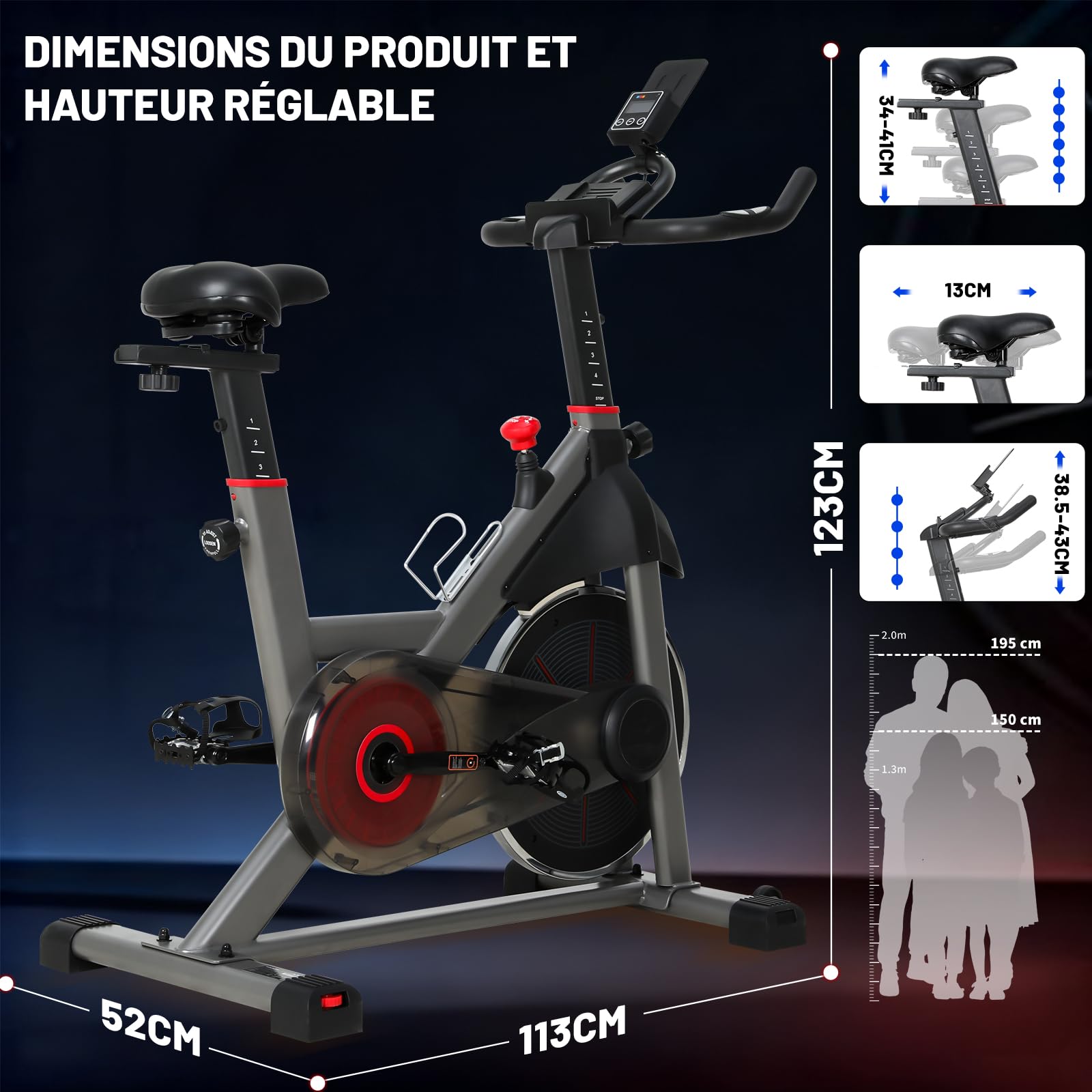 Vélo d'Appartement avec Résistance Ajustable et Silencieuse, Volant d'Inertie 8KG, Vélo d Appartement d'Entraînement Professionnel Écran LED, Impulsion, Velo Appartement avec Selle Réglable