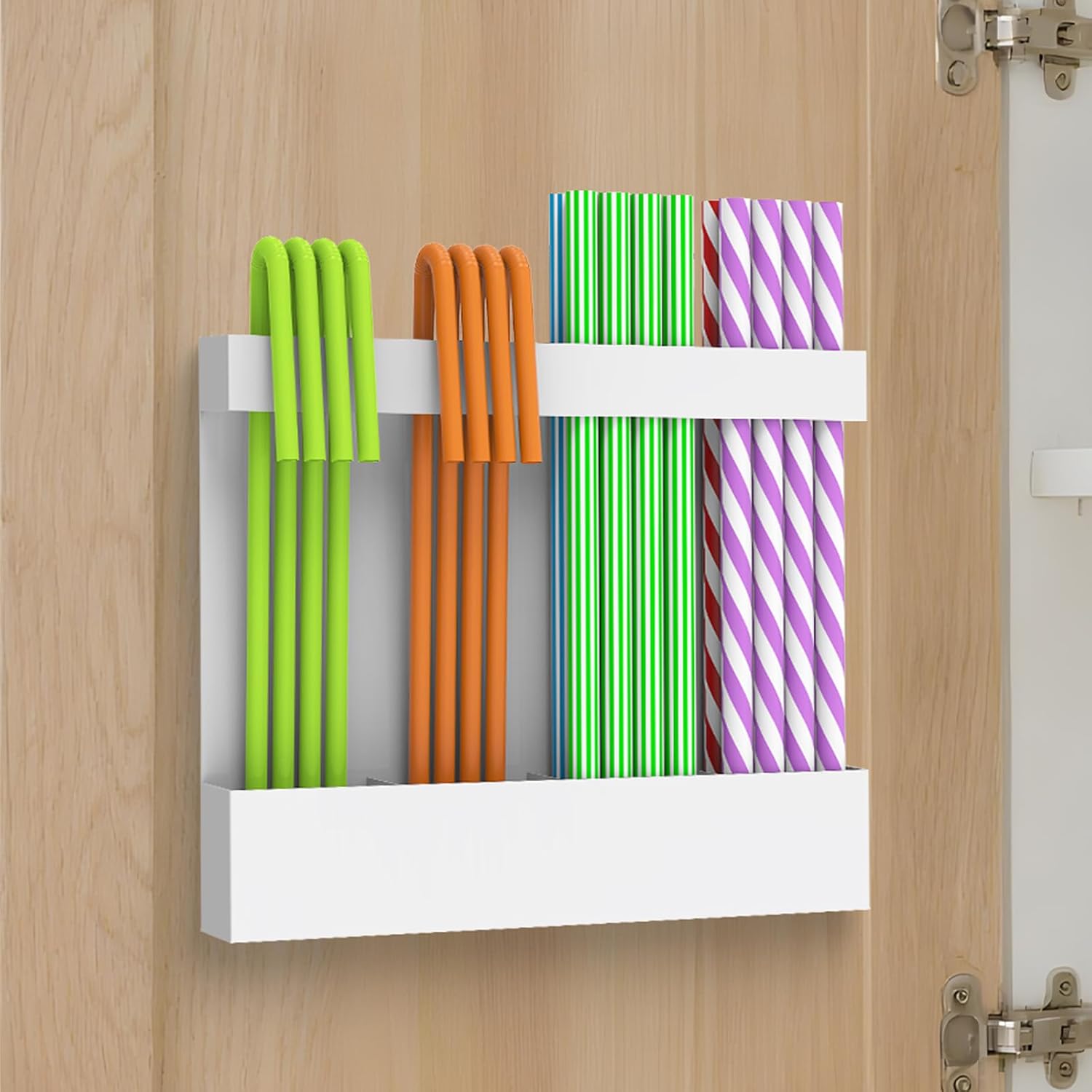 Straw Holder, 4-Compartment Magnetic Straw Dispenser, Reusable Tumbler Organizer with Adhesive for Kitchen Cabinet, Cupboard, Coffee Bar & Countertop Storage