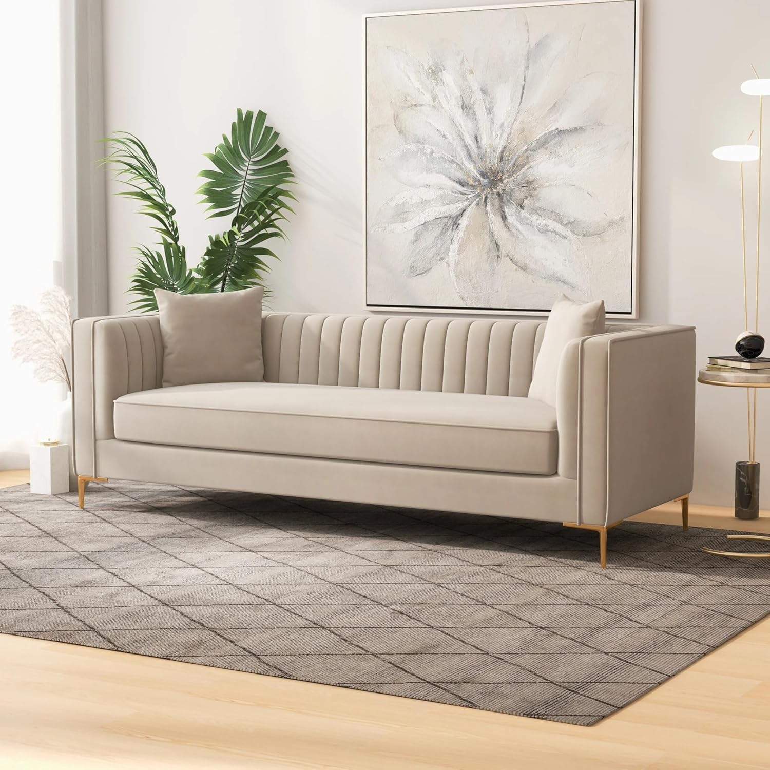 WOOD MART STORE - Modern 3 Seater Sofa with Channel Tufting and Pillow in Golden Metal Legs (Beige) (B0DFMVZFG8) Amazon Price History, Amazon Price Tracker