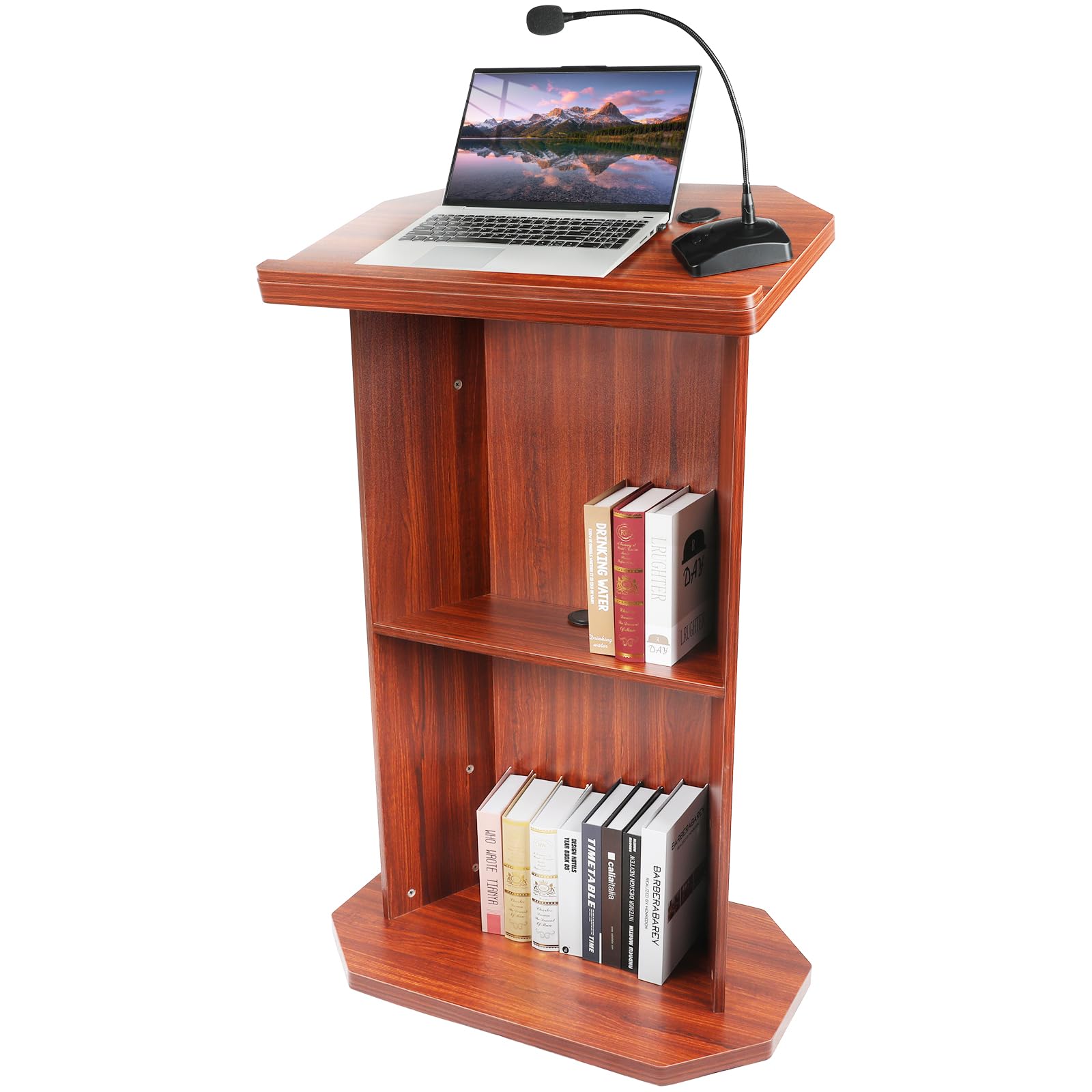 49" Wooden Podium with Large 2-Tier Shelve and Reserved Wire Hole, Wood Lectern Stand with Reading Platform, Church Pulpit for Conference, Office, School, Home, Restaurant, Meeting