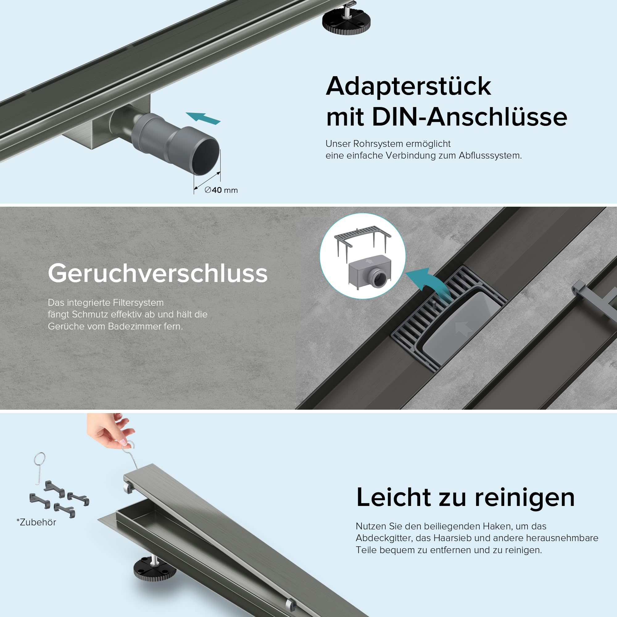 Canal De Douche Inox Black Mat 50cm – Bc-elec L06-50-B – Ajustable, Résistant