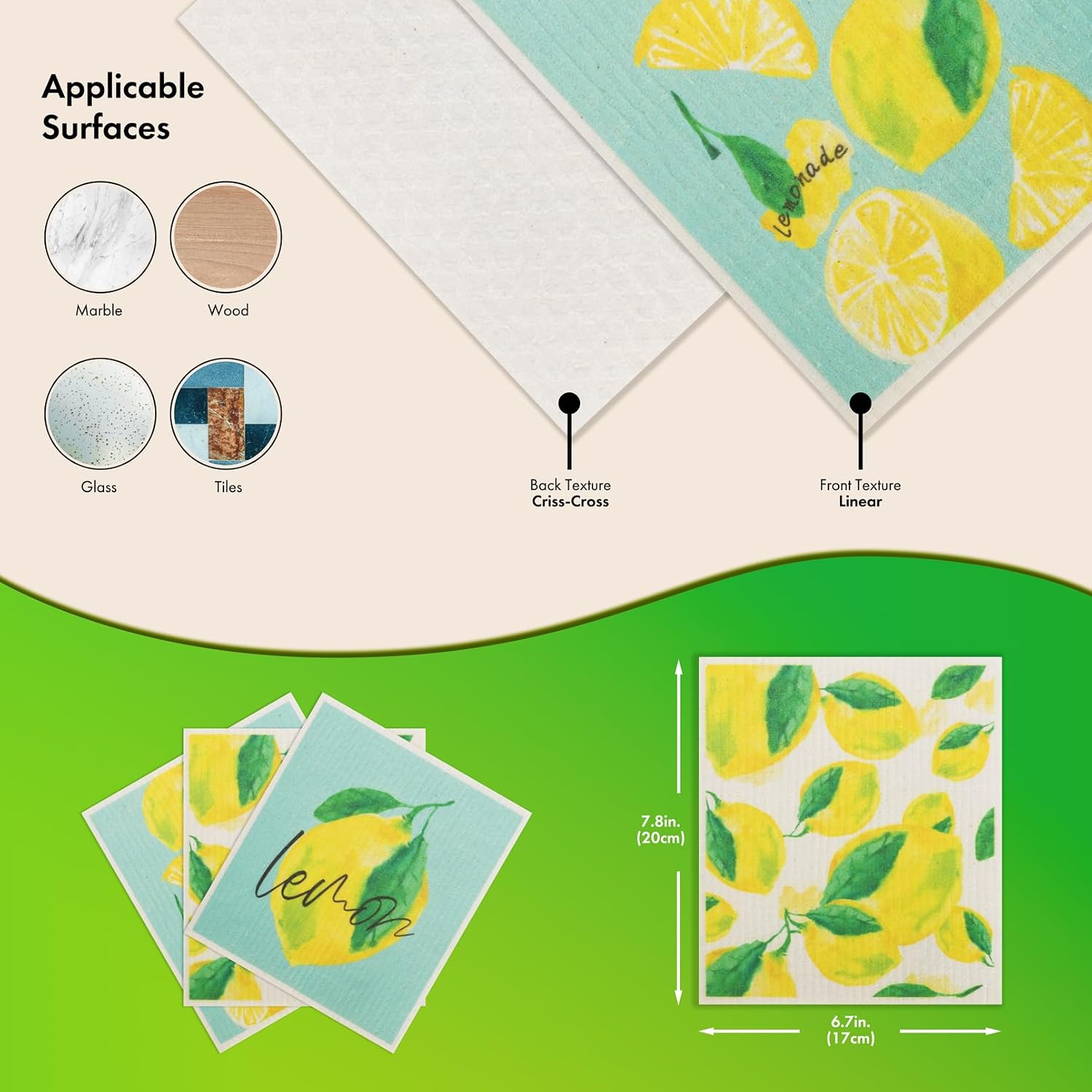 Swedish Dishcloths for Kitchen, 6 Pack Lemon Swedish Dish Towels with Clips, Reusable Paper Towels Washable Non-Scratch Super Absorbent Cellulose Sponge Cloths, Biodegradable No Odor image 3
