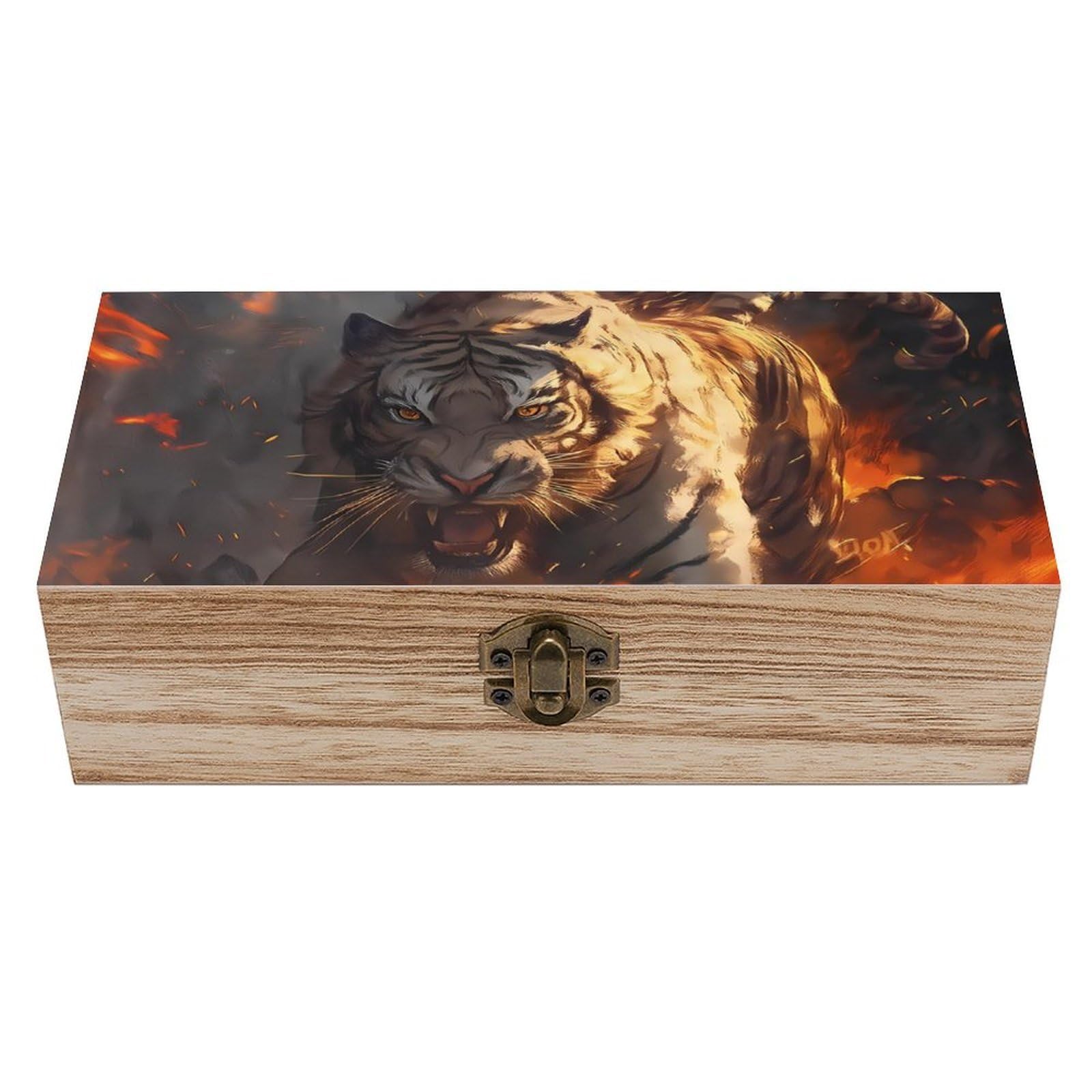 Oudrspo Majestic Tiger Running in Fire Retro Wooden Storage Box Keepsake Jewelry Decorative Art Storages Box Gift Boxs