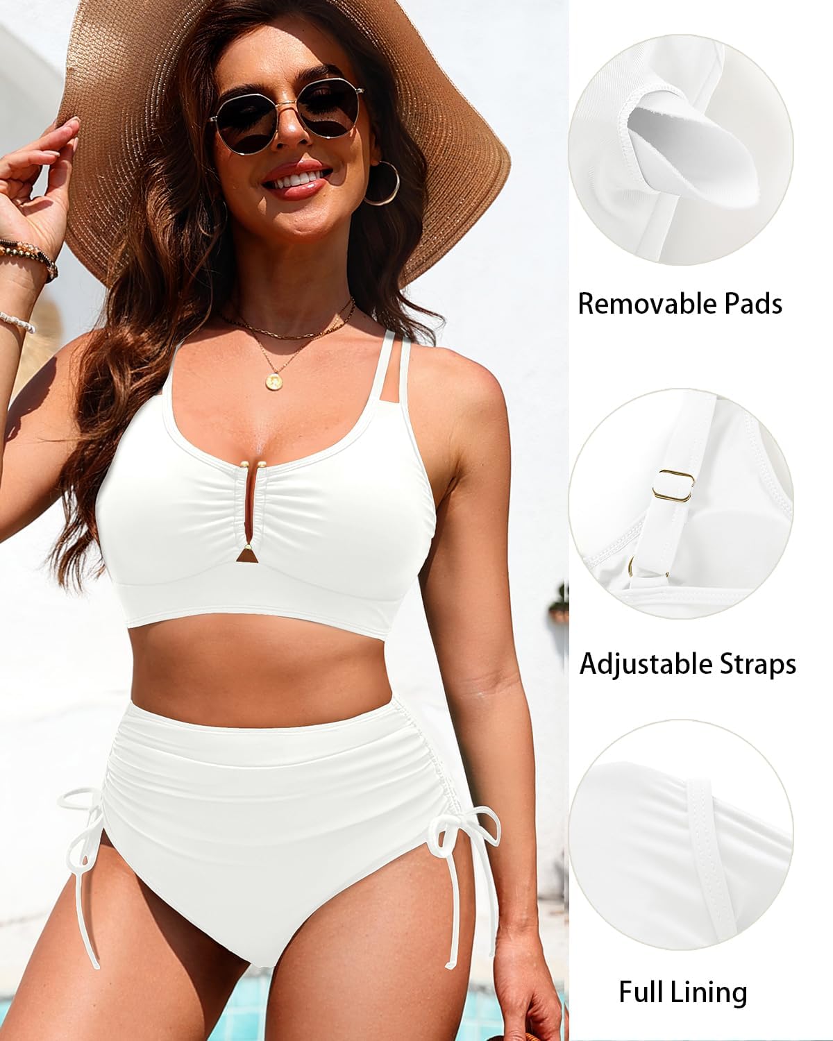 Two Piece High Waisted Bikini - Tummy Control Bathing Suit 2025 U-Wired Swimsuit Full Coverage Drawstring Swimwear White XXL - Image 4