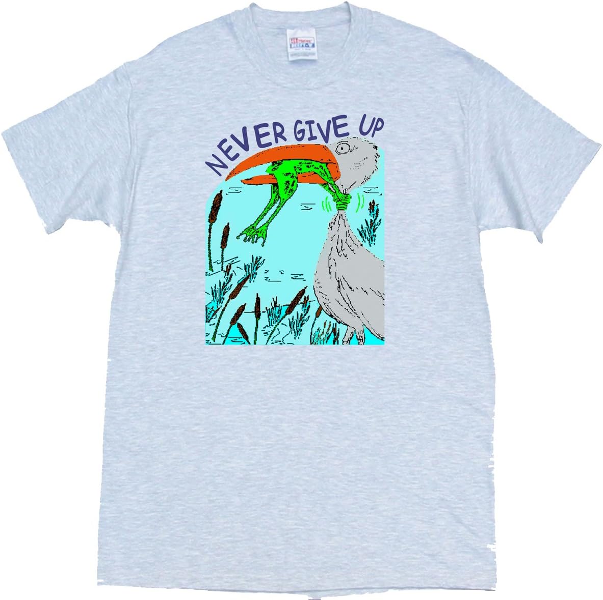 Never GIVE UP Heron & Frog Tee Shirt (Small, Ash (Light Gray))