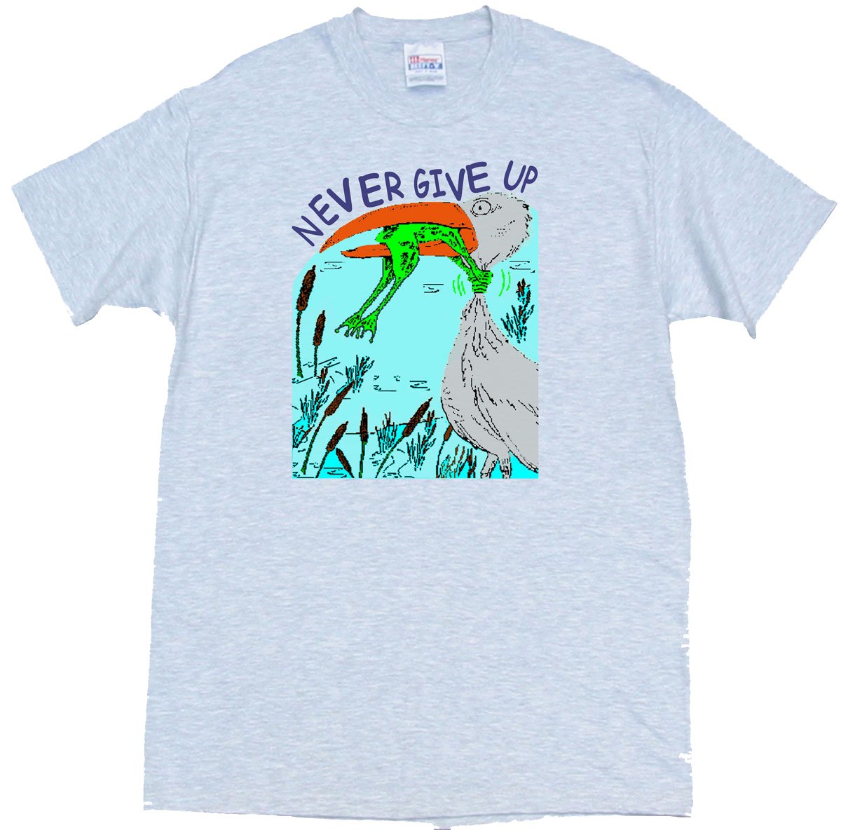 Never GIVE UP Heron & Frog Tee Shirt (Small, Ash (Light Gray))