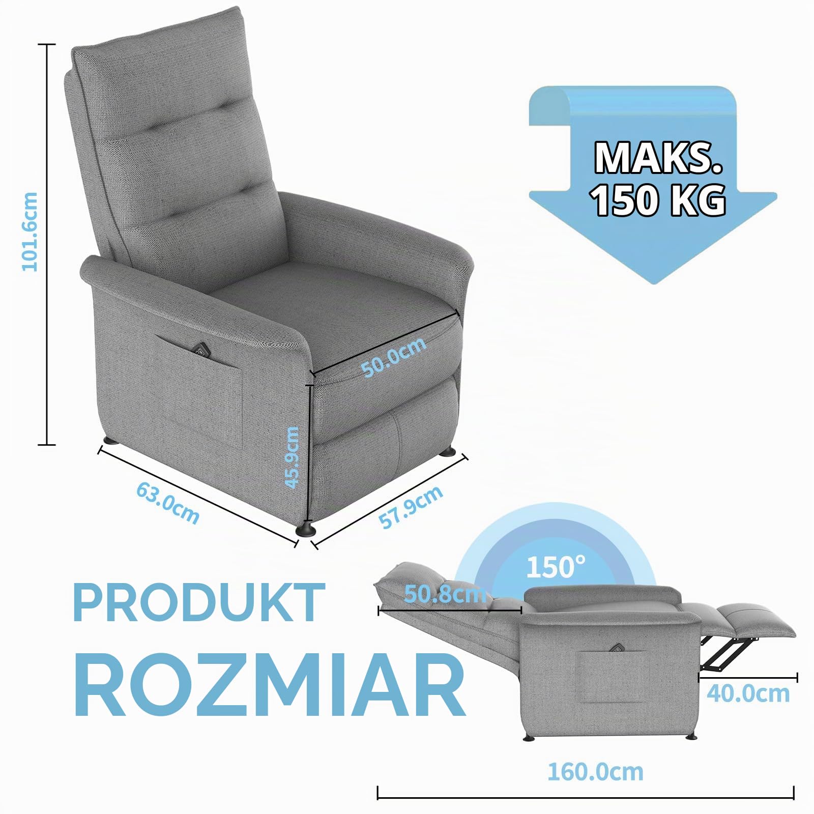 Giftpot Elektryczny fotel relaksacyjny, odchylane oparcie, pojemność 150 kg - idealny do codziennego relaksu
