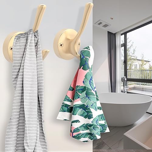Vista 4 de Ganchos dorados para pared, paquete de 3 ganchos para toallas, de metal resistente, doble gancho para bata de baño, ganchos para sombreros