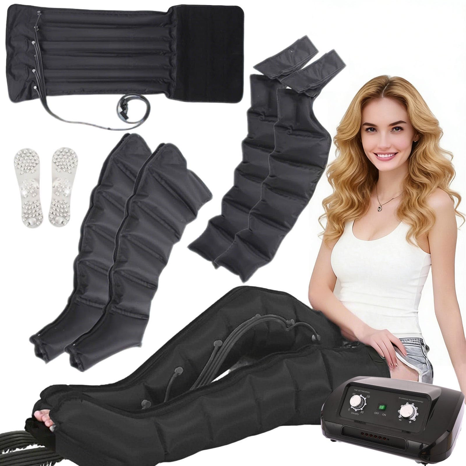 Massaggiatore per gambe con compressione ad aria, pressoterapia per casa stivali compressione pressoterapia, rinforzo di circolazione per piedi, gambe, vita (nero, 2 legs+2 arm+1 waist)