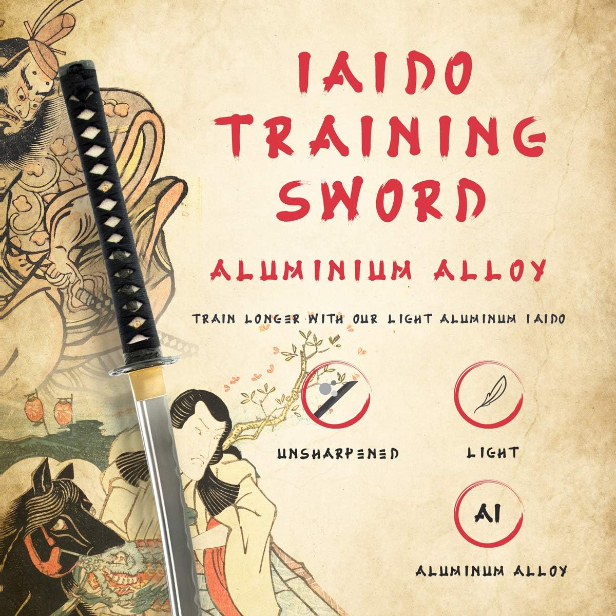 HMS Unsharpened Iaito Trainging Wakizashi Sword, Handmade, Aluminium Alloy Blade, Full Tang, Brass Fittings, Alloy Bamboo Design Tsuba, Black Scabbard