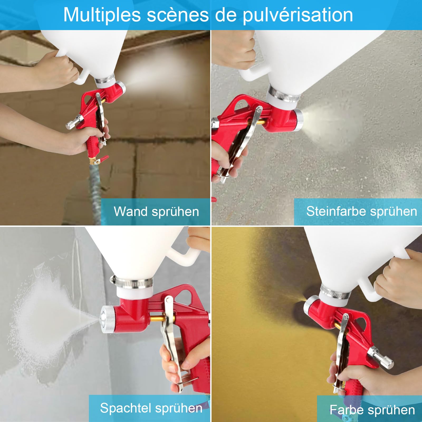 Trichterpistole 6L Putzlackierpistole,Air Textur Pistole mit 3 Düsen (4.0mm/6.0mm/8.0mm) Farbsprühsystem für Wände, Decke, Schlamm, Spritzpistole