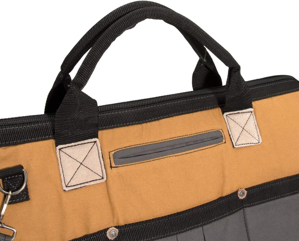 Dickies 20-Inch Durable Canvas Work Bag for Painters, Carpenters, and Builders, Heavy-Duty Zipper, Reinforced Handles, Exterior Pockets, Shoulder Strap, Tan/Grey image 4