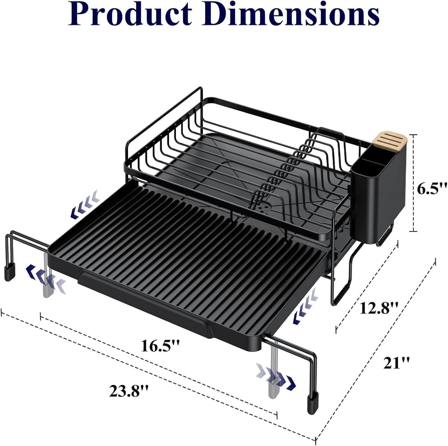 Kitsure Extendable Dish Drying Rack - Adjustable Length 12.8"–21.0", Auto-Draining Dish Rack for Kitchen Counter, Rust-Resistant Metal Frame Over-Sink Support for Plates, Bowls & Utensils, Black