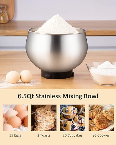 Miniatura 4 de Batidora eléctrica de pie de cocina, tazón de 500 W, 6.5 cuartos de galón y 6 velocidades con batidor de huevo, gancho para masa, látigo de alambre