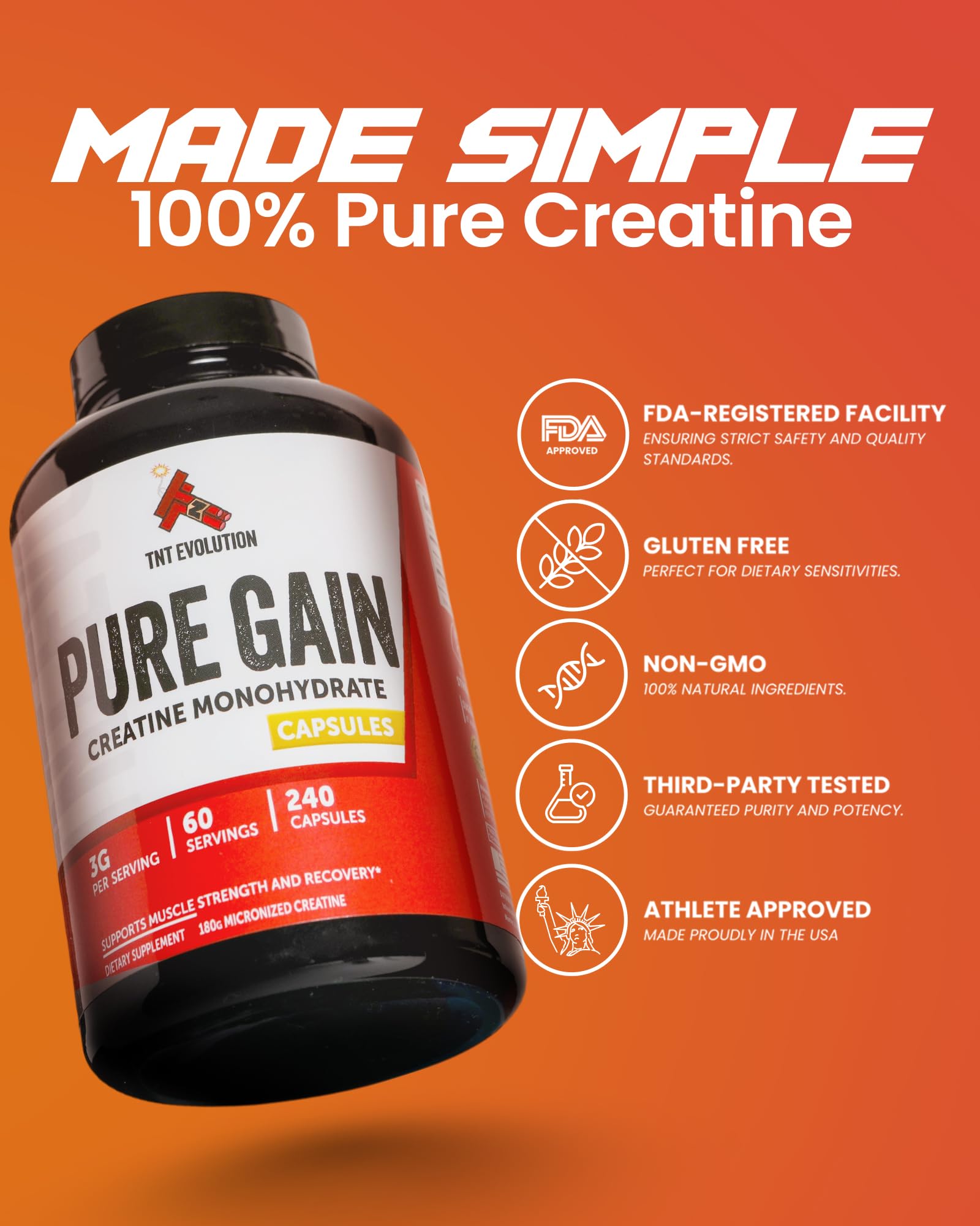 Creatine Monohydrate Capsules – 750mg Capsule for Men & Women – 60 Serving – Pure Micronized Creatine for Strength, Fitness & Sport – 240 Count, Gluten Free Nutritional Supplement — Amazon image 2