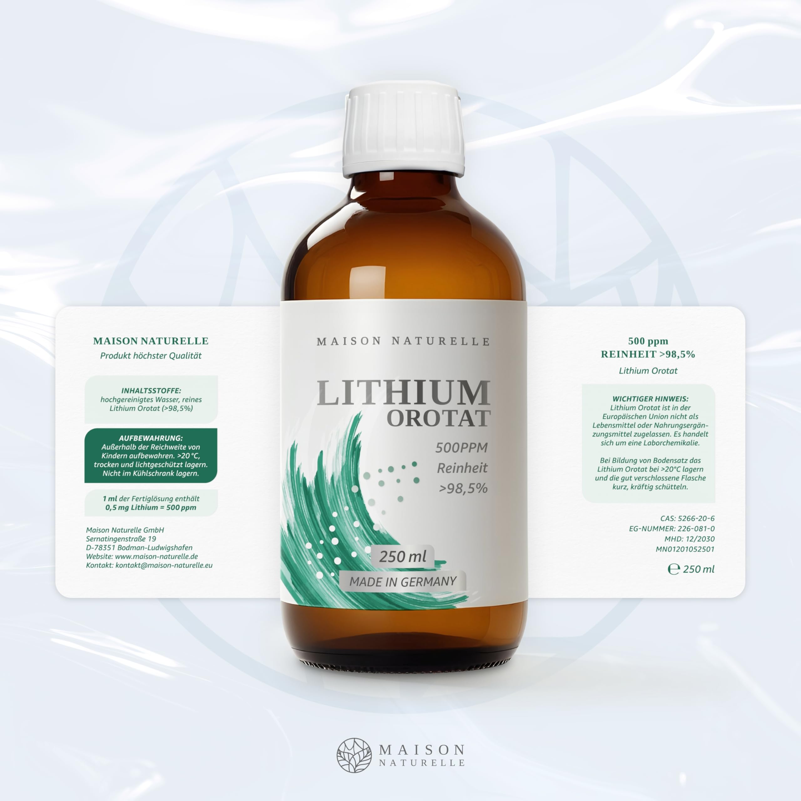 Maison Naturelle ® flüssiges Lithium (250 ml) - Lithium Tropfen 0,5 mg – 500 ppm Fertiglösung mit über 98,5 % Reinheit (250 ml (1er Pack))