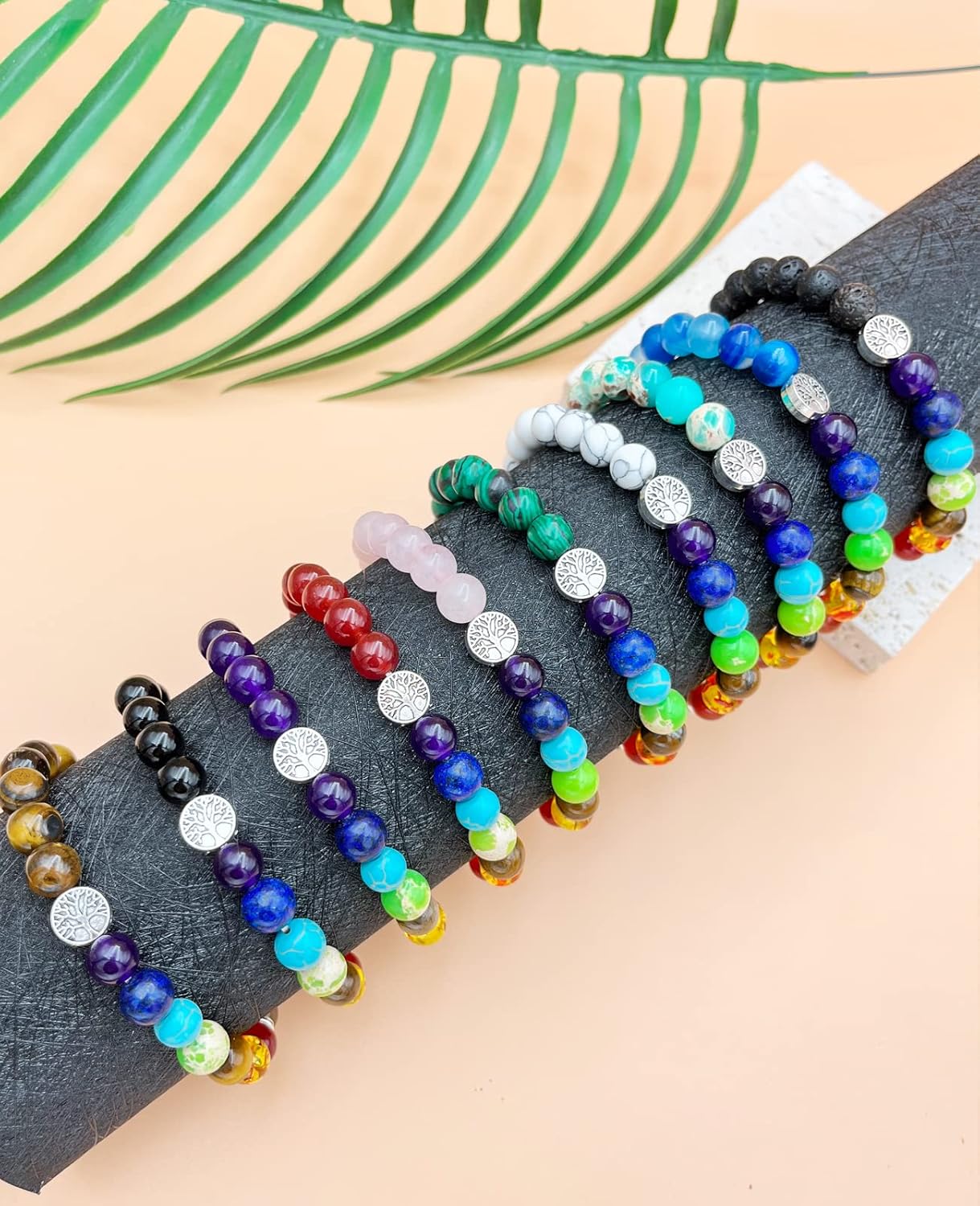 BOMAIL 10Pcs Tree of Life Healing Crystals Bracelet - 7 Chakra Semi Precious Stones Beaded Bracelets Yoga Stress Relief Reiki Stretch Bracelets for Women Men - Image 7