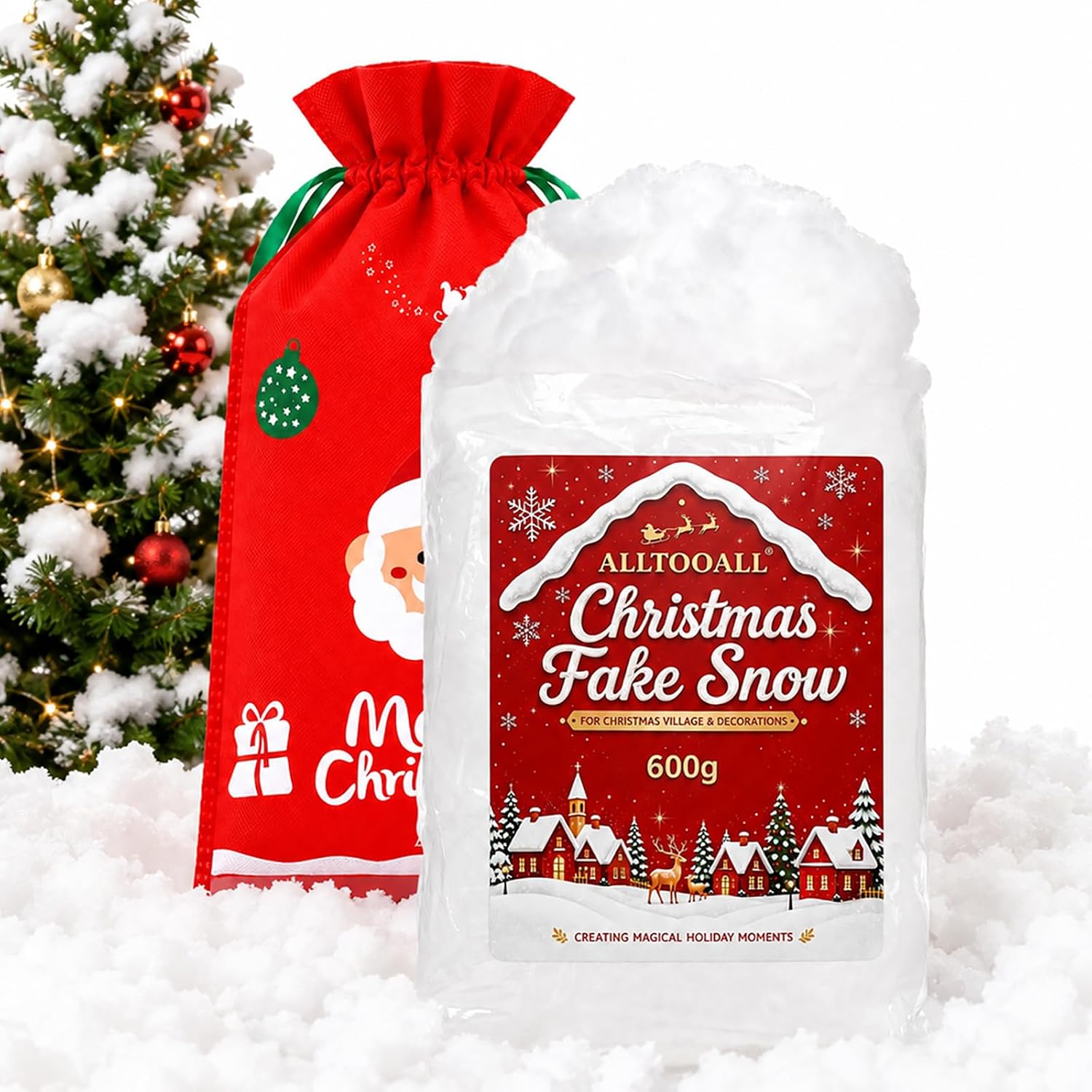 21.2oz/600g Christmas Fake Cloud Snow Decor Artificial White Fluffy Fiber | Xmas Winter Faux Snow with Storage Bag for DIY Christmas Village Tree Mantle Table Nativity Displays