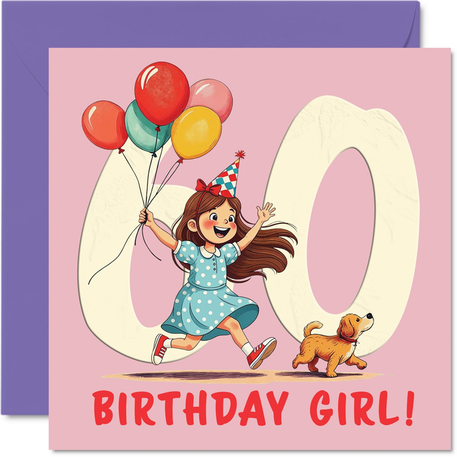 60th Birthday Cards for Women - Balloon Girl - Happy Birthday Card for 60 Year Old Woman Neighbour Grandma Auntie Sister, 145mm Bday Greeting Cards