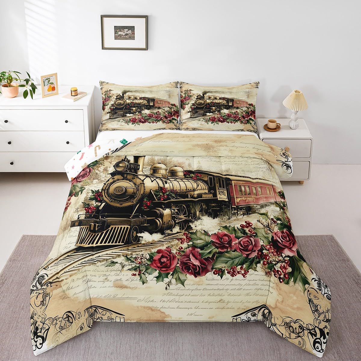 Manfei Steam Train Comforter Set Queen Size,Christmas Train Red Roses Retro Flowers Bedding Set for Teens Adults,Vintage Brown Old Newspaper Style Down Comforter,3 Pcs 2 Pillowcases