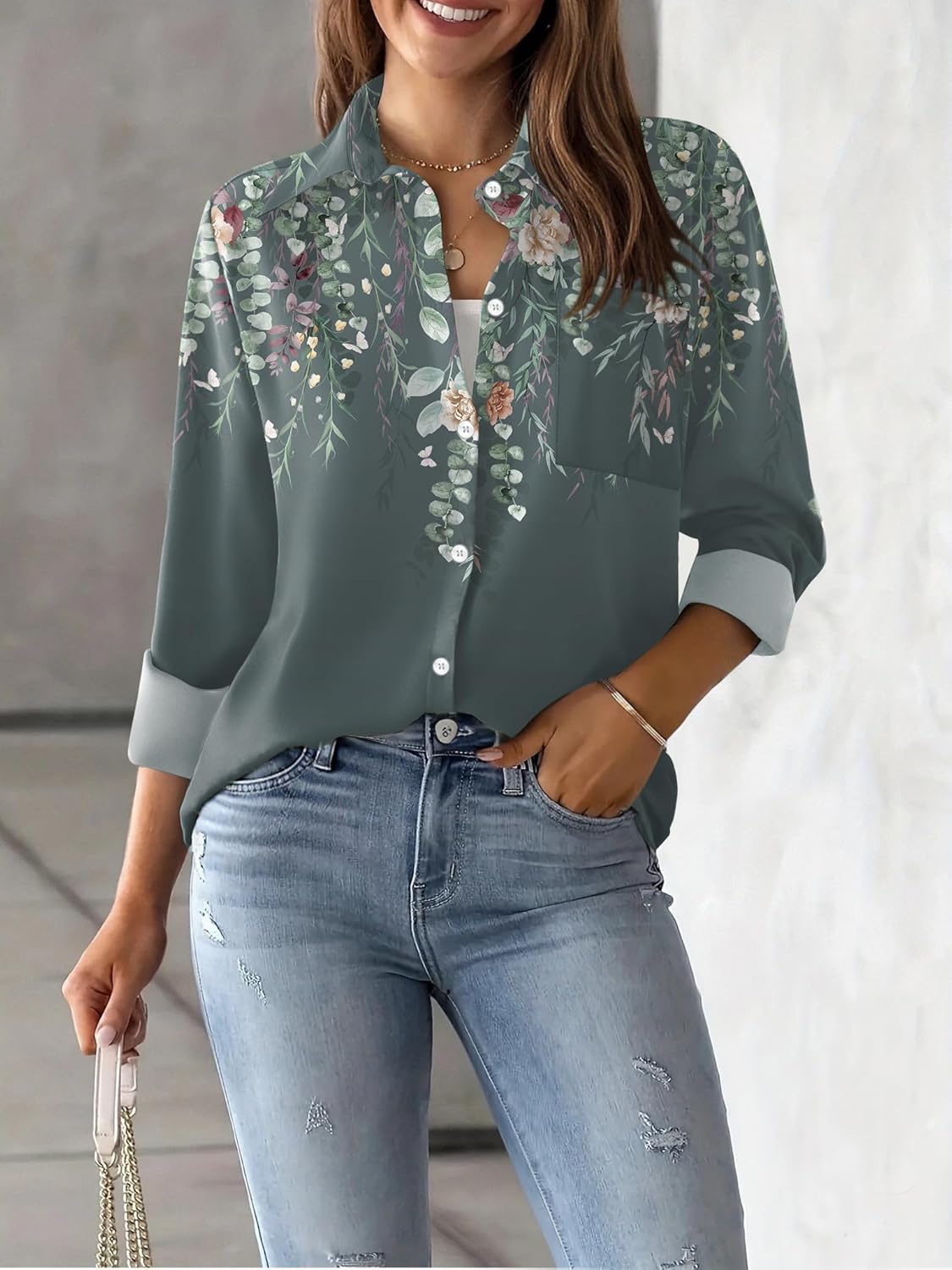 Zeagoo Womens Button Down Shirt Long Sleeve Blouse Business Work Tops Dressy Casual Floral Printed Outfits with Pocket - Image 3