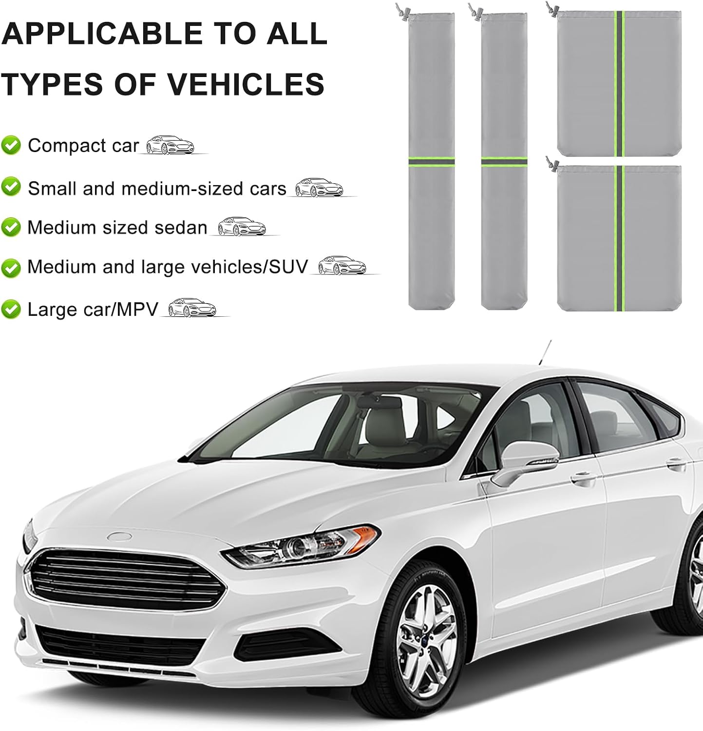 4 Pack Car Mirror Covers and Windshield Wiper Covers, Side Mirrors & Wiper Blades Covers for Universal Cars SUV Truck Snow Frost Protector Waterproof Oxford Cloth with Reflective Strip,Grey