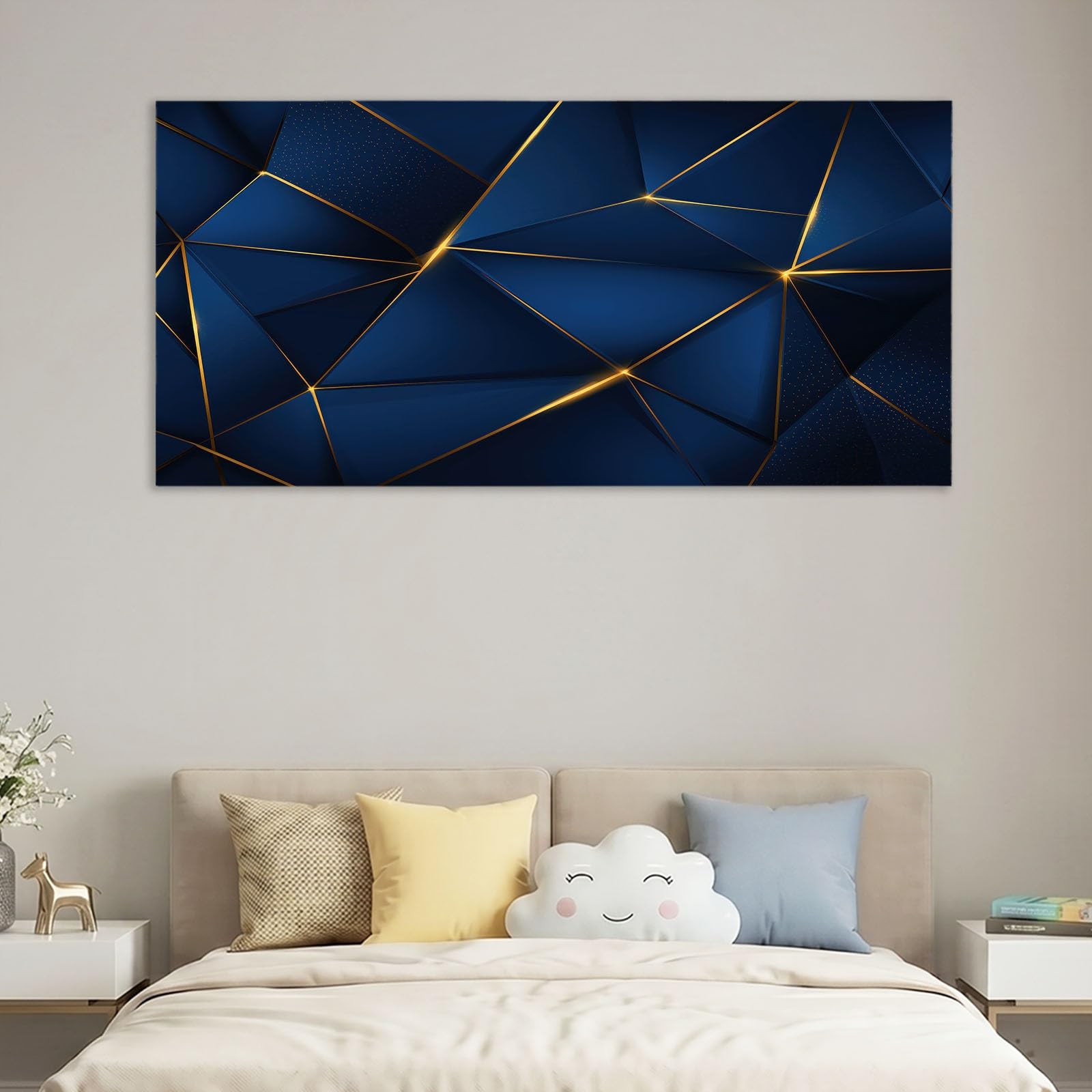 Lienzo decorativo con marco abstracto moderno para salón, 70 x 50 cm, diseño geométrico azul, poligonal, triángulo, cuadros para dormitorio, oficina y baño