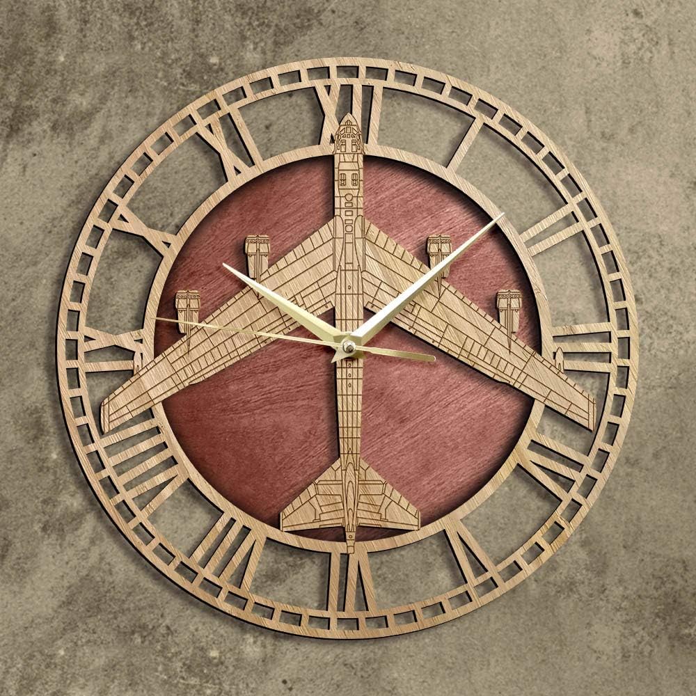 The Geeky Days Boeing B-52 Stratofortress Wooden Wall Clock Air Force Strategic Bomber Aviation Wall Art Hanging Wood Watch Silent Non-Ticking Timepieces