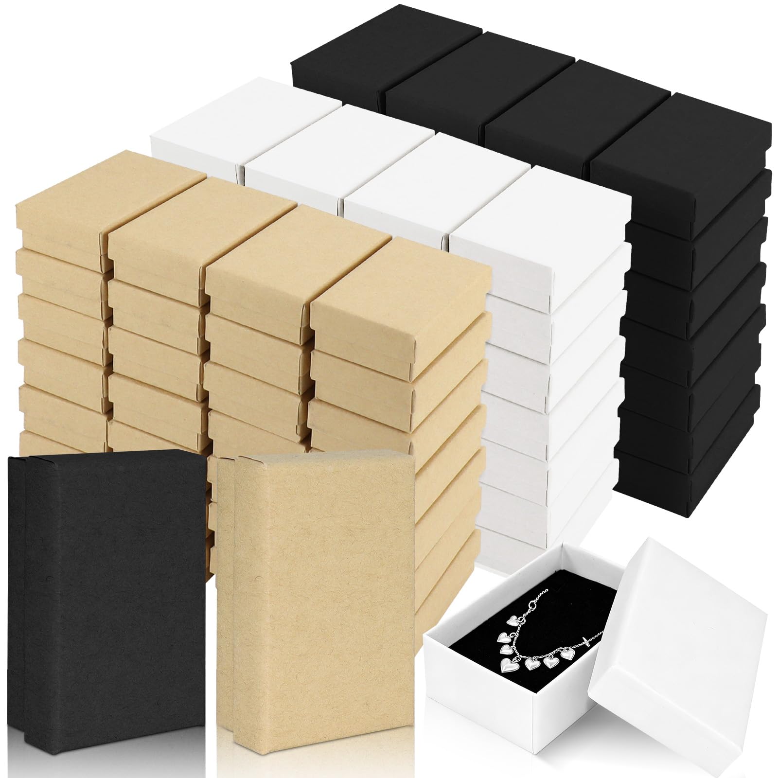 JTKDG 100 Pack Cardboard Jewelry Boxes, 5x8x3cm Small Jewelry Gift Boxes with Lids for Necklaces Bracelets Earrings Ring Bracelet (Brown, White, Black)