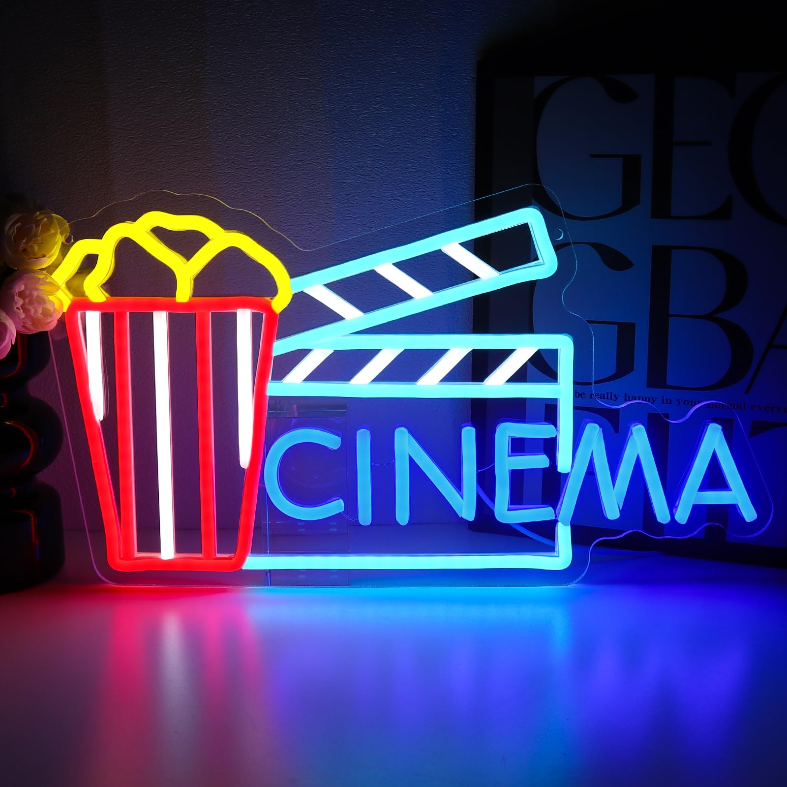 Insegna al neon cinema per decorazione da parete, segni a LED popcorn per film, luci al neon dimmerabili USB per teatro per casa, bar, film, festa notturna, uomo, grotta, snack, decorazione