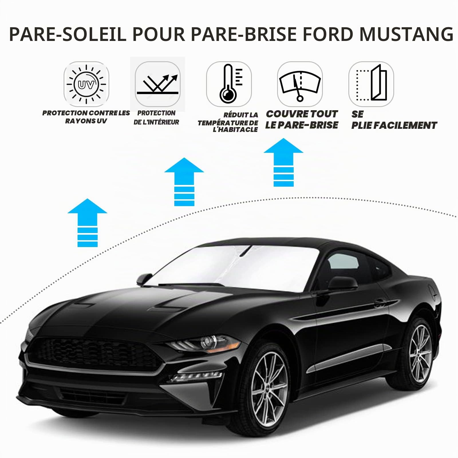 D-Lumina Pare-soleil de pare-brise pour accessoires Fo-rd Mustang 2015-2022 (ne convient pas pour Fo-rd Mustang Mach-E), pare-soleil de fenêtre avant bloquant les rayons UV, matériau pliable 210T